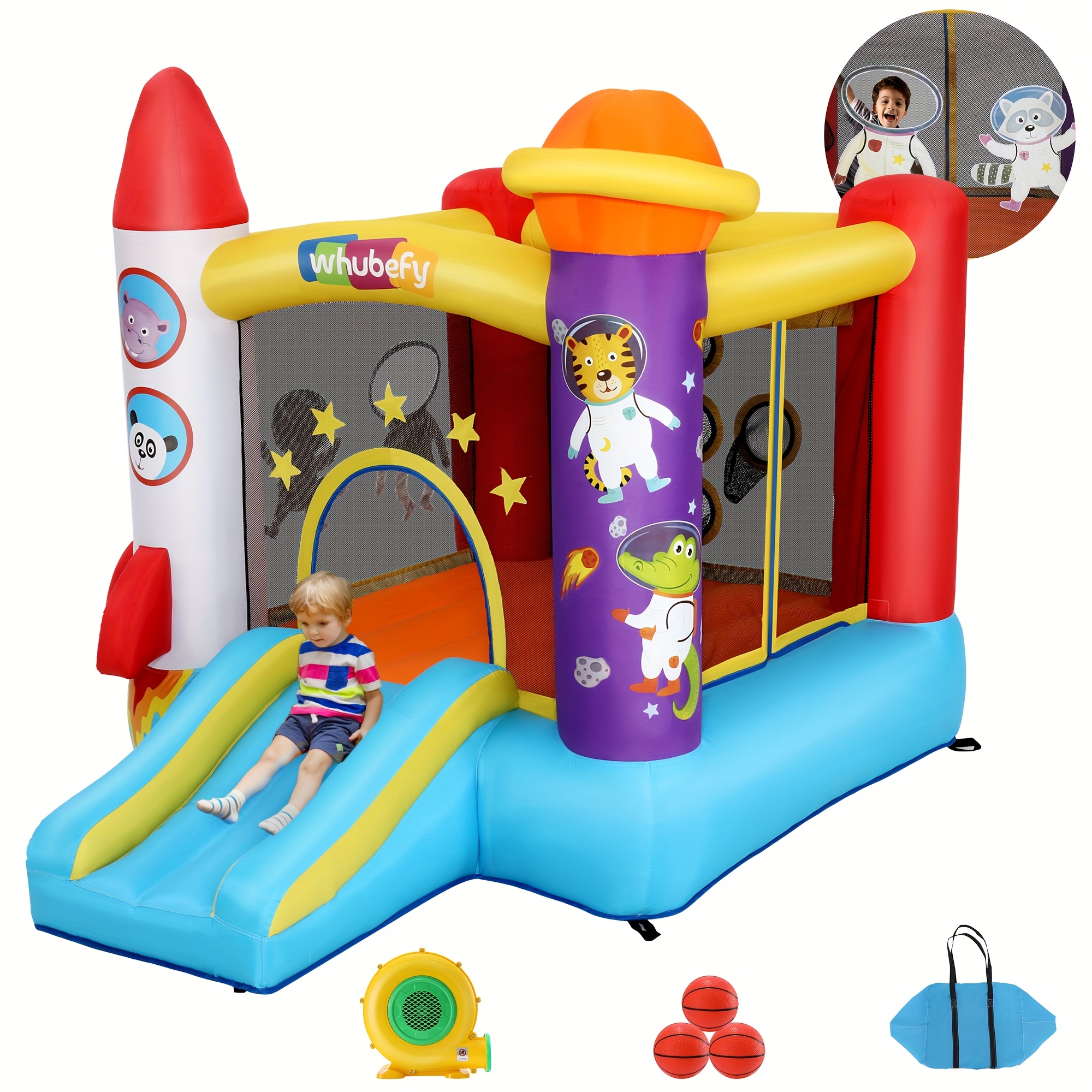 Image of Inflatable Bounce House For -8 With Slide, Pitching Game & Fun Photography, Astronaut Theme Small Jumping House W/blower For Indoor Outdoor Birthday Party Gifts