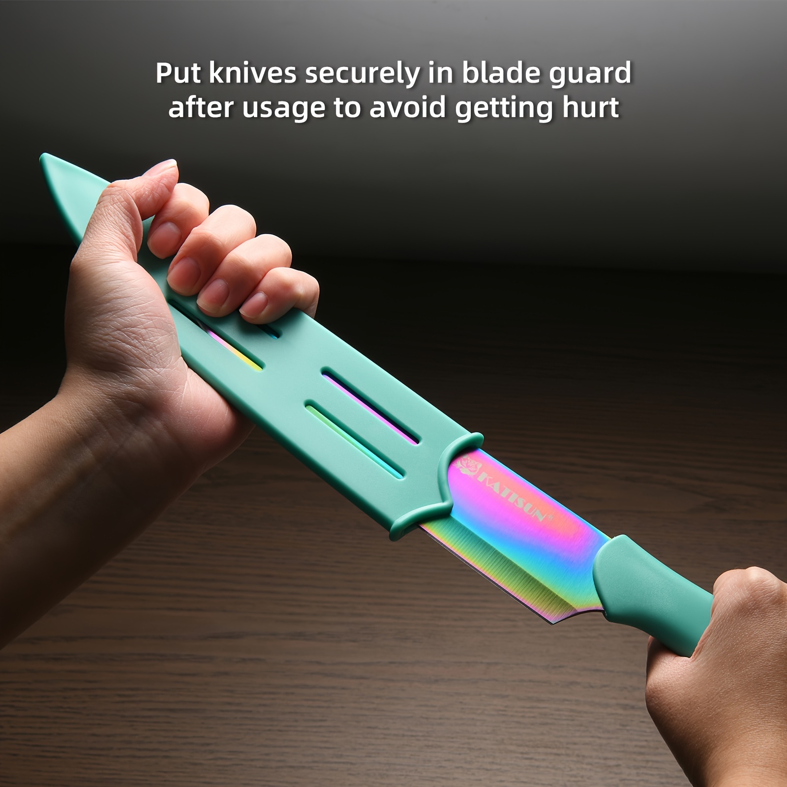 Set of 7 Rainbow Titanium Coated Stainless Steel Knives in a Box, Rust-Resistant And Dishwasher Safe, Includes 6 Knives with Blade Covers And Kitchen Scissors