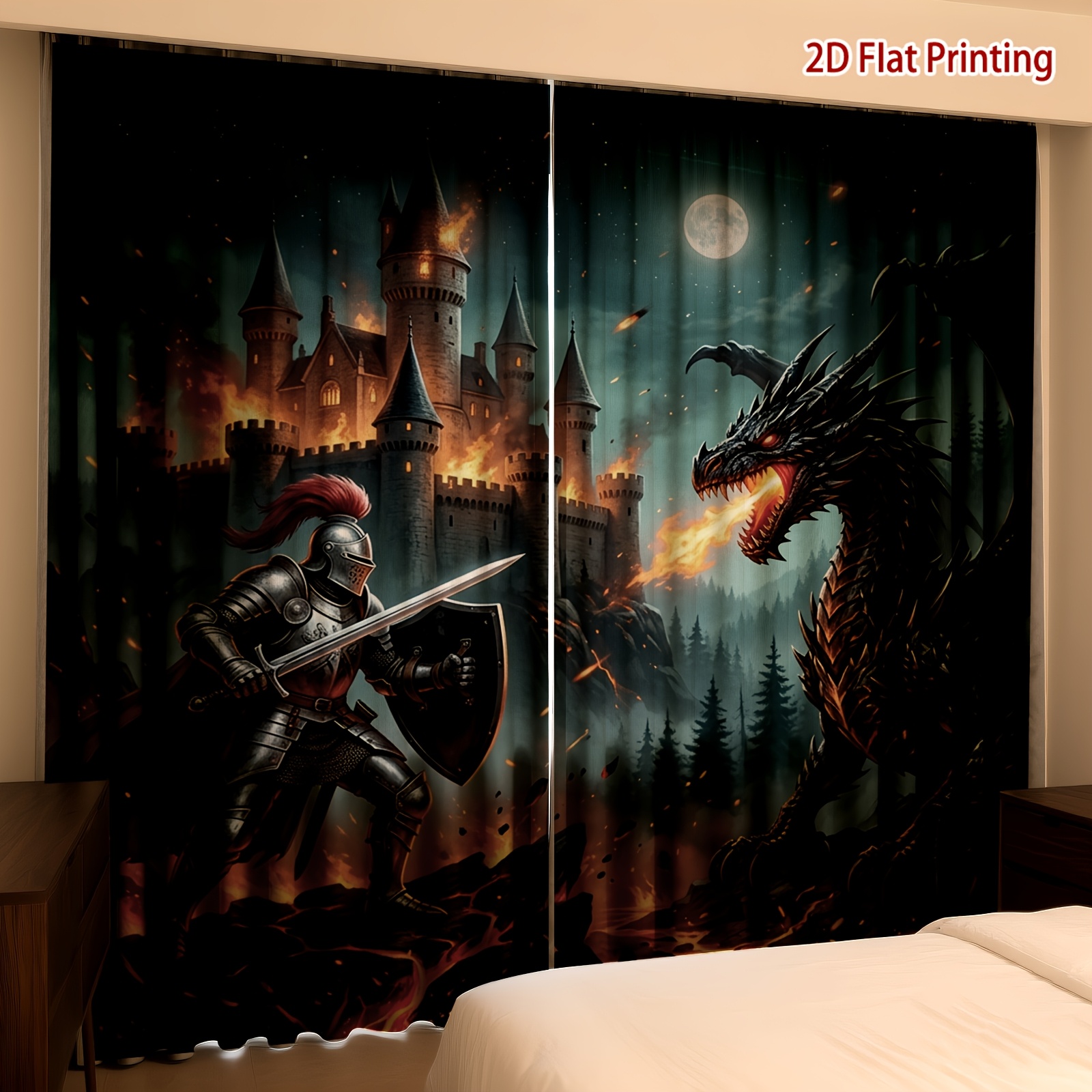 TEMU [ Product] 2pcs Fantasy Scene Printed Curtains With Burning Castle, Armored Knight Holding Sword And Shield Confronting Fire Dragon, Soft