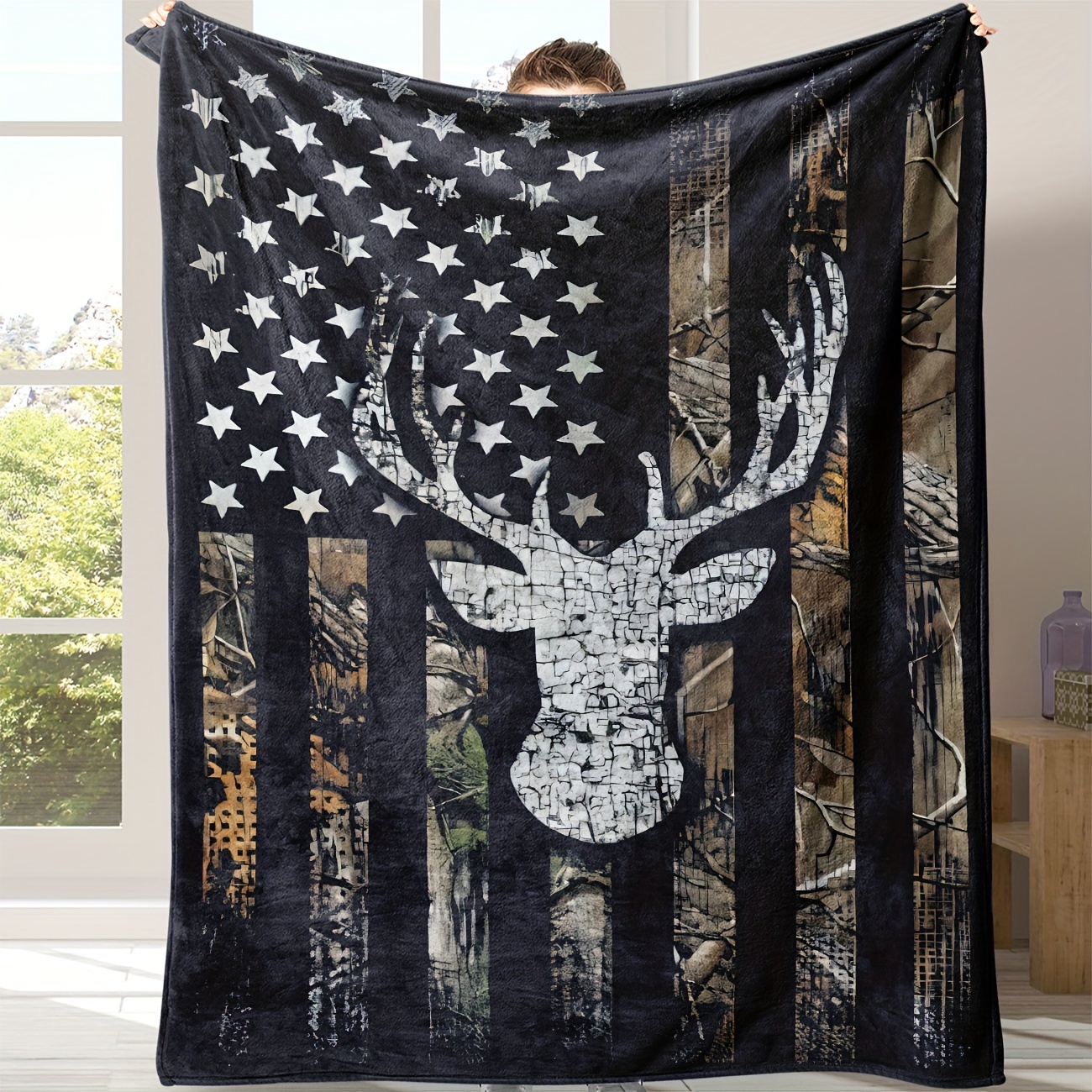 

1pc American Flag Deer Head Design Soft Flannel Fleece Throw Blanket, Chunky Knit All-season Comfort, Hand Or Machine Washable, Uncharged Cozy Wrap For Bed, Sofa, Office, Dorm, Outdoor Camping