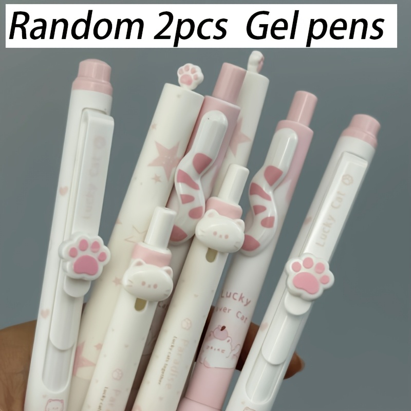 TEMU Random 2pcs, Cat Kawaii Retractable Gel Pens Set, Cute Aesthetic Black Ink Pens, Cat Style Neutral Pens, 0.5mm Black Pens, Tail/claw Writing