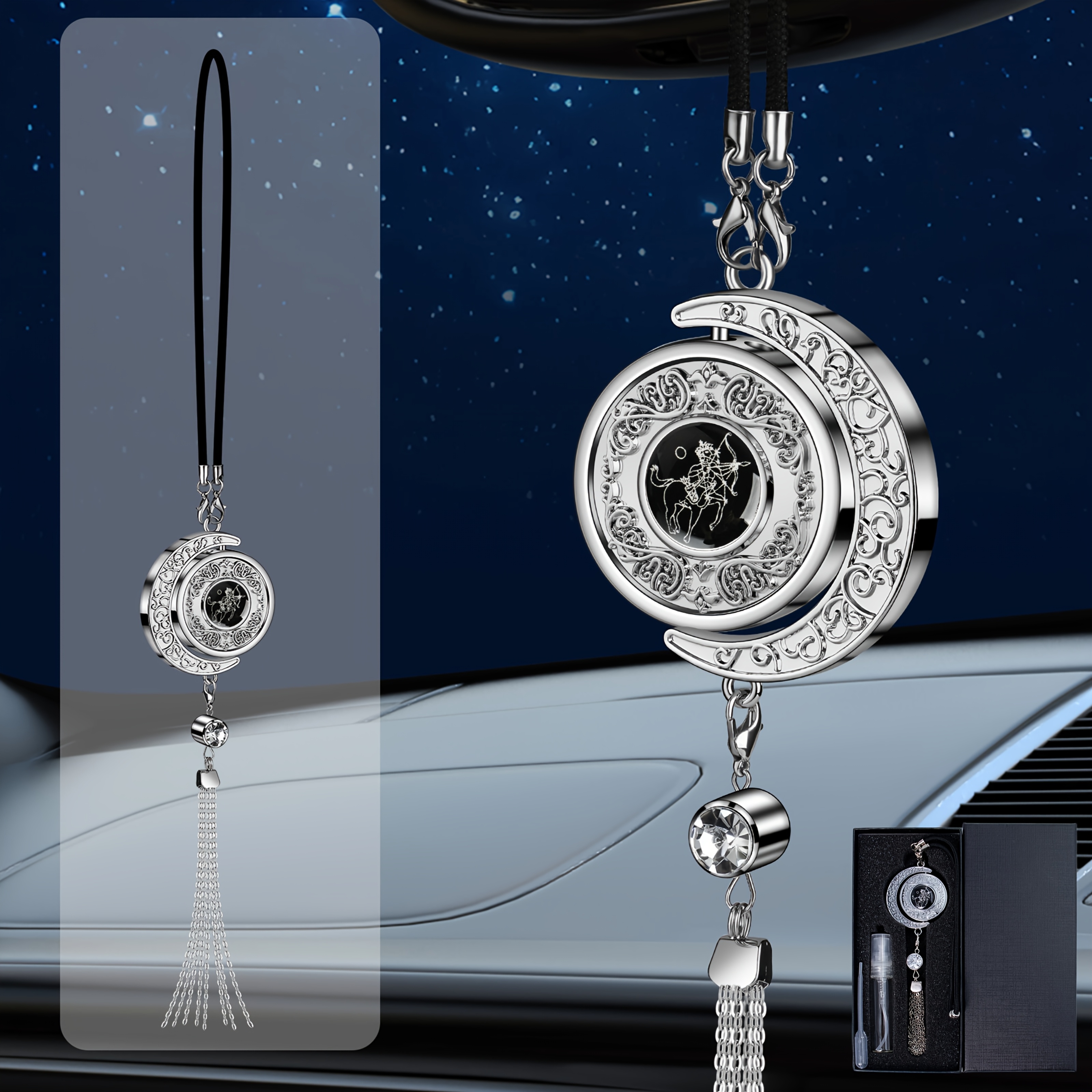 Image of Elegant Car Charm - Zodiac Series, Metal With Tassel & Bead Accents, Diy Perfume Locket For Rearview Mirror Hanging, Ideal Gift In High-end Gift Box (perfume Not Included)