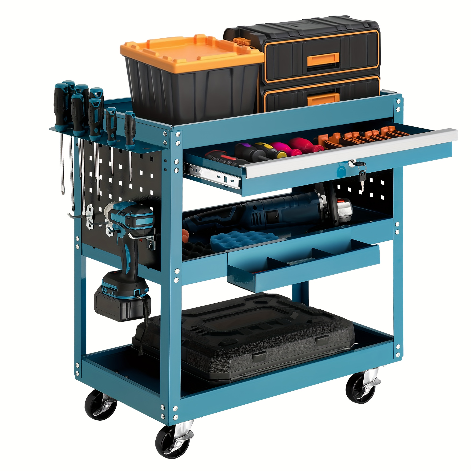 

1pc Tool Cart, 3 Tier Rolling Tool Cart With Drawers, 330 Lbs Utility Tool Cart On Wheels For Mechanics, Commercial Tool Service Cart With Lock For Garage, Home, Hotel, Repair Shop, And Warehouse