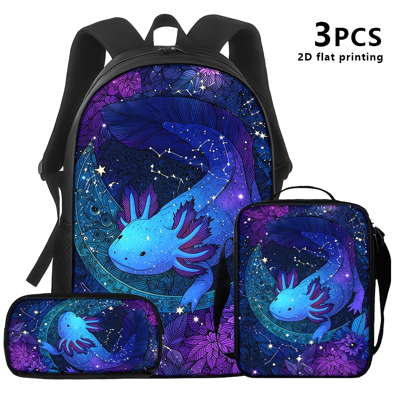 TEMU 1pc/2pcs/3pcs Backpack, Shoulder Bag, And Pouch With Axolotl In Blue-purple Gradient, Star Constellations, Floral . Ideal For Adults' Daily ,