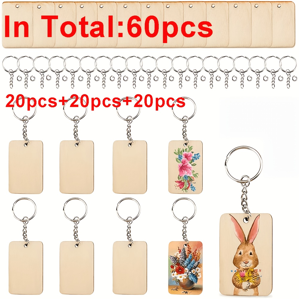 TEMU Pack Of 60/set Of 20 Diy Blank Wooden Keychain Rectangular Wooden Keyring Tags For Painting Diy Keyring Engraving Diy Tag
