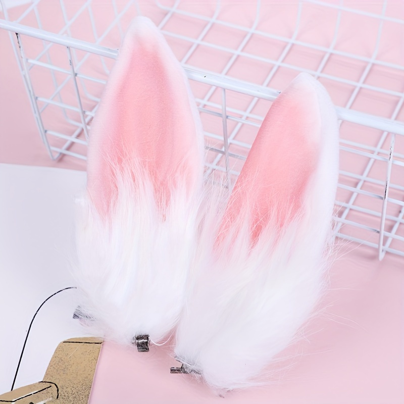 Pink & White Plush Bunny Ears Hair Clips - Soft Fluffy Cat-like or Ears with Pastel Pink & White Furry Tips, Easter Costume for,, Themed Parties (No Glue/Spray Needed)