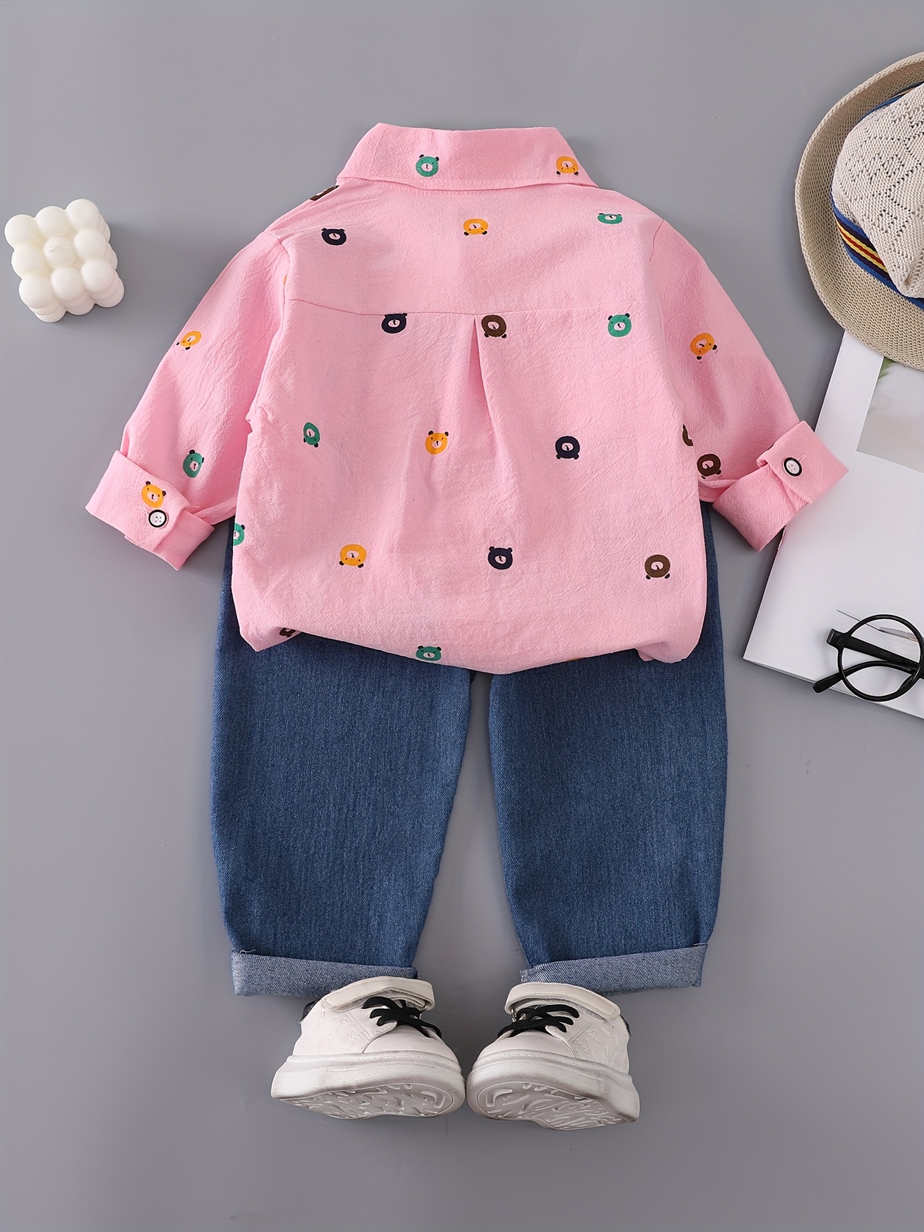 boys print outfit with a bear pocket long sleeve shirt and denim pants featuring a full button design for outdoor Product details 4