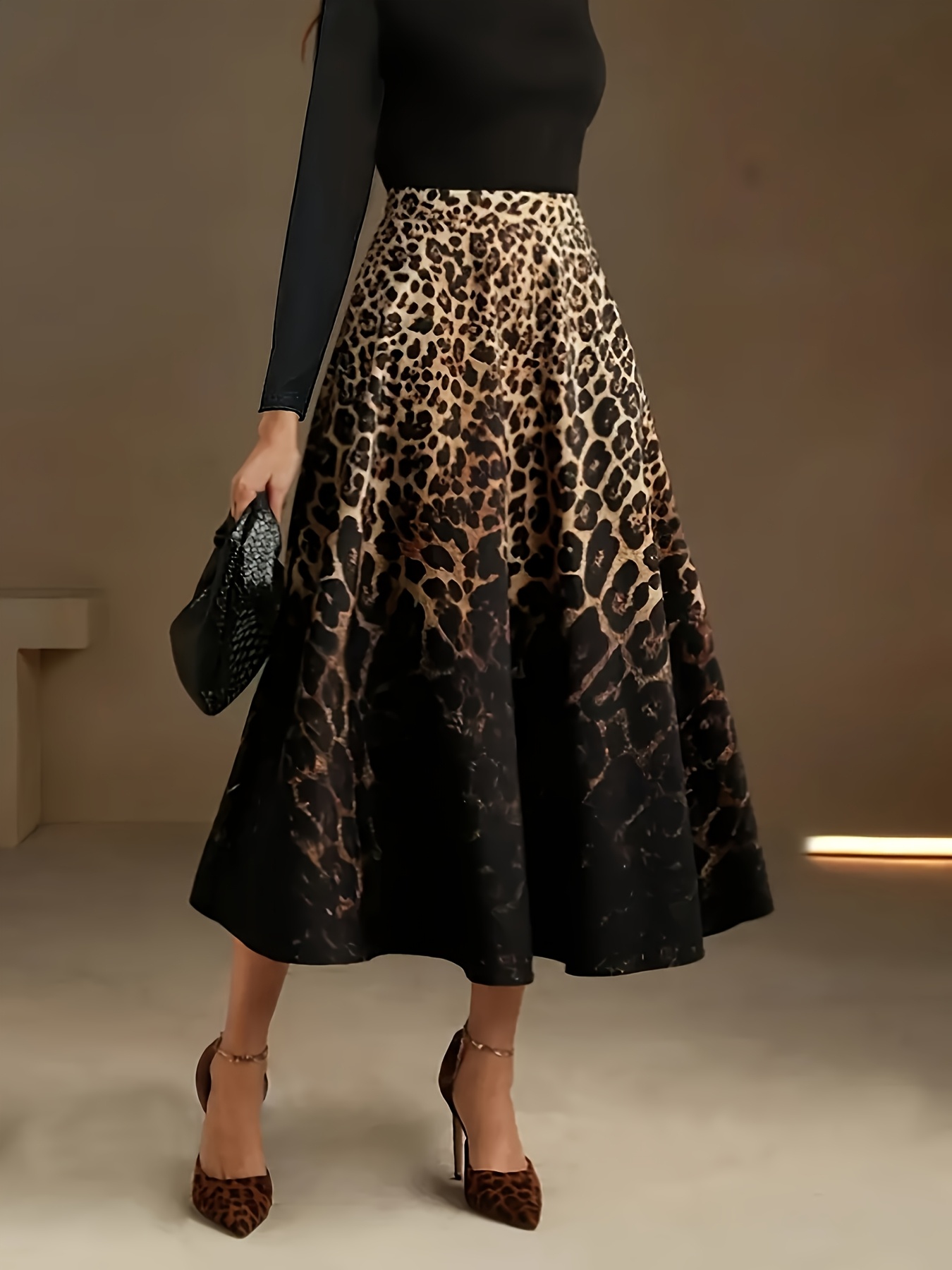 women's plus size elegant leopard print midi skirt high Temu