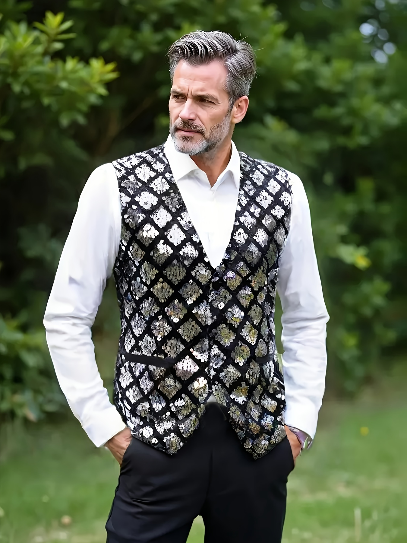 Tenue Ajustée Pour Homme à Paillettes Brillantes Smoking Fête Dîner Bal De Fin D'année Veste De Costume à Un Bouton Pour Homme Gilet Et Pantalon, Blanc, XXL