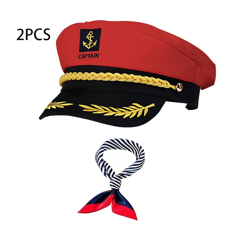 2pcs Adjustable Embroidered Yacht Captain Hat with Sailor Scarf