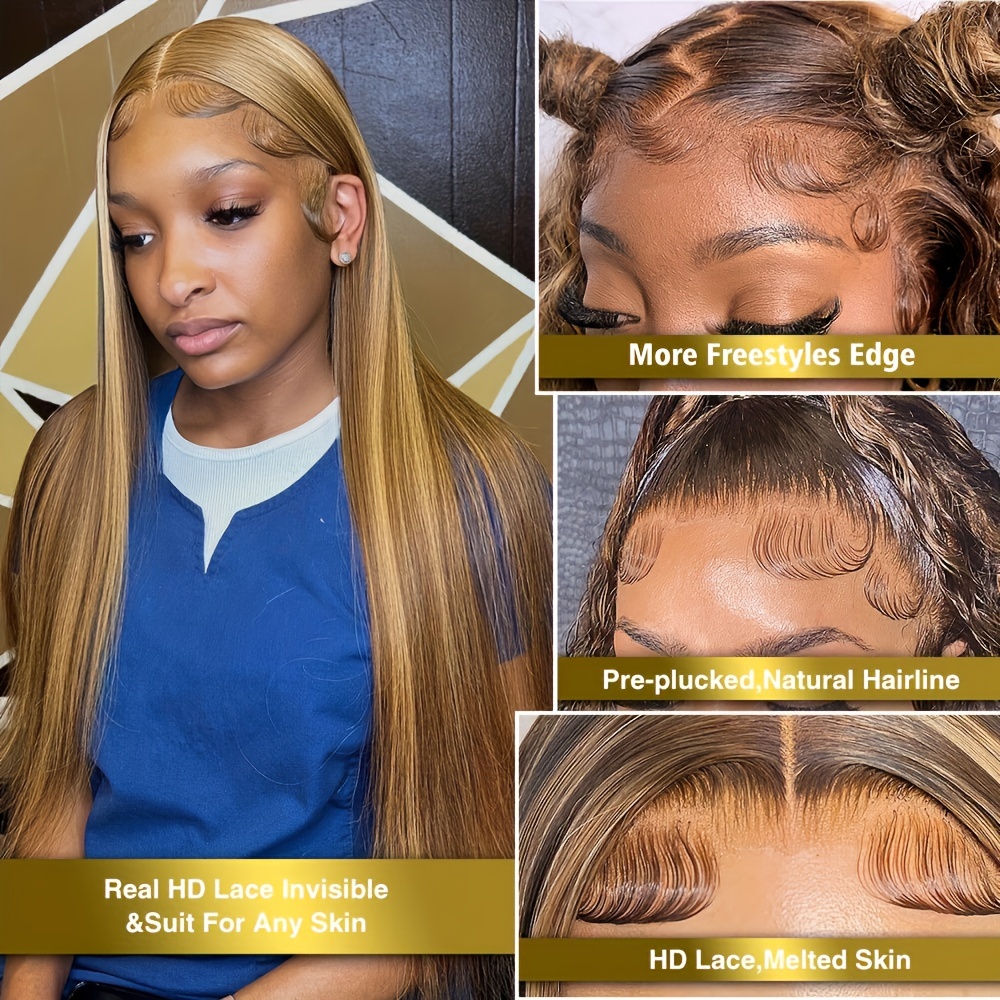  glueless honey blonde ombre human hair wig 4x4 hd lace front straight 180 density highlight wig 13x4 details 1