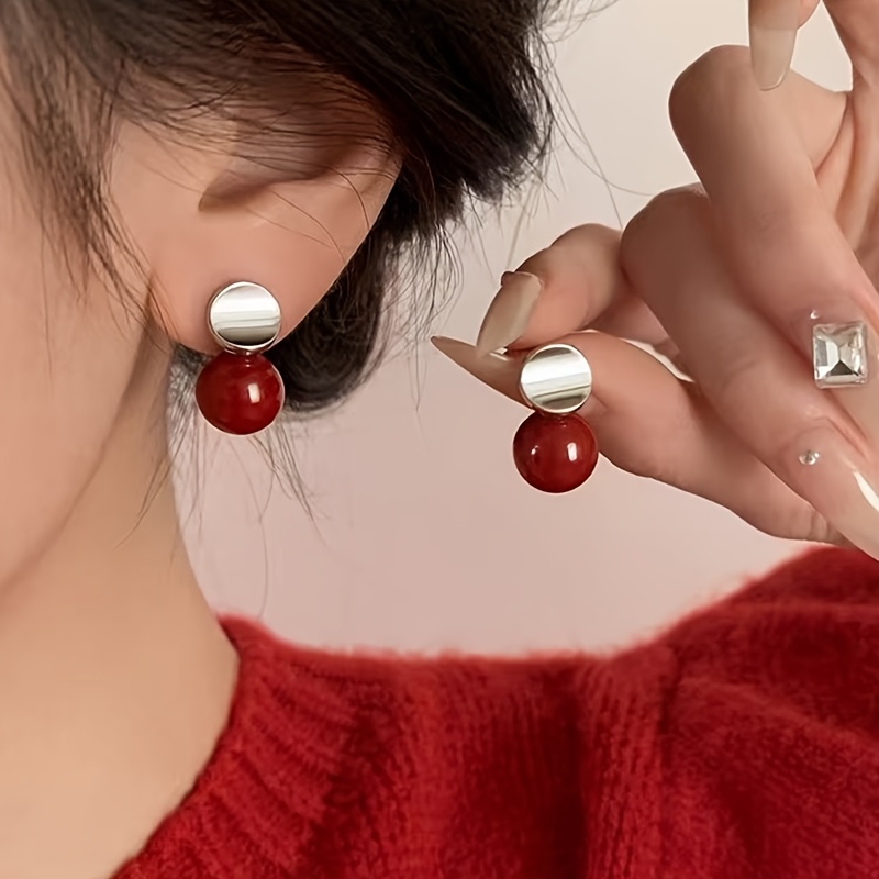 TEMU 1 paire de clous d'oreilles à clous style vintage de luxe léger, et haut de gamme, de haricot rouge