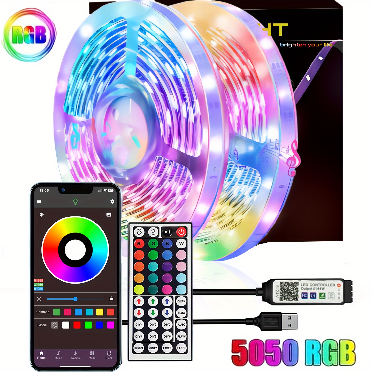 

3/16/32/50/65/100ft Led Lights For Bedroom, Music Sync Color Changing With 44-key Remote And App Control Rgb 5050 Led Strip Lights, For Wedding Birthday Festival Party Decorations