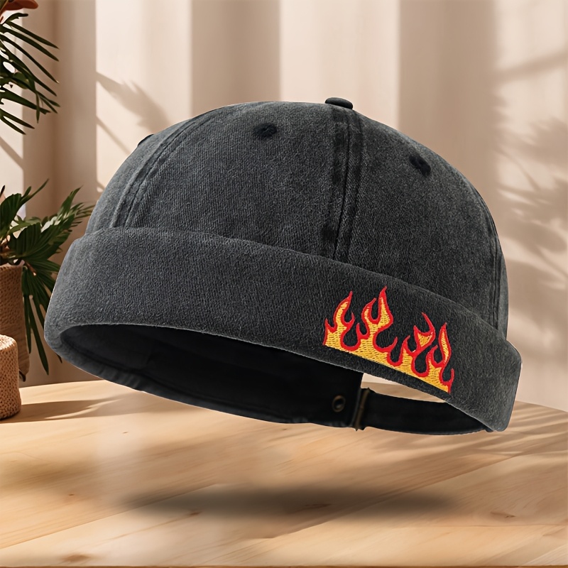 TEMU Flame Embroidery Brimless Hat Sweat-absorbing Breathable Classic Washed Distressed Retro Hat Individual Hip-hop Melon Hat Outdoor Casual Sports