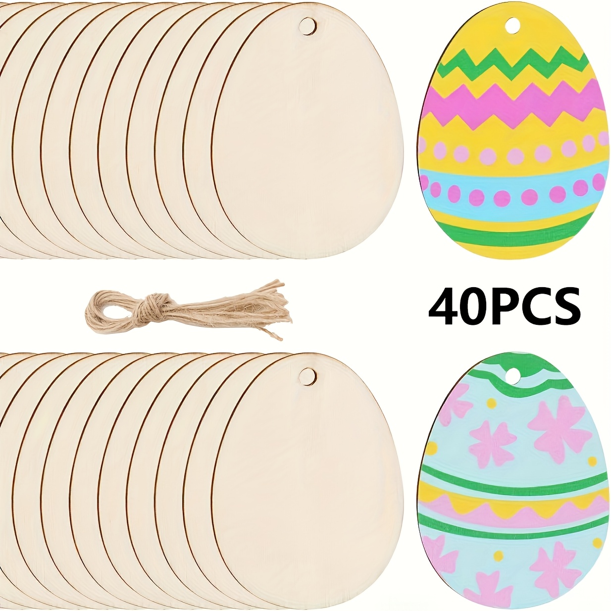 Image of 40pcs Diy Wooden Egg Pendant Hollow-out Crafts With 10m Hemp Rope, Easter Hanging Ornaments, Decorations, Painting Gift
