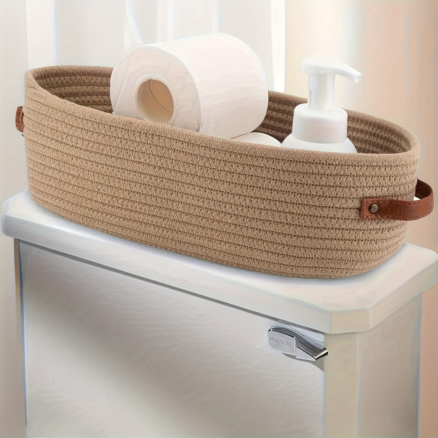 

Basket With Dual Handles - Desk Organization And Bathroom , Textured Design With Leather Straps