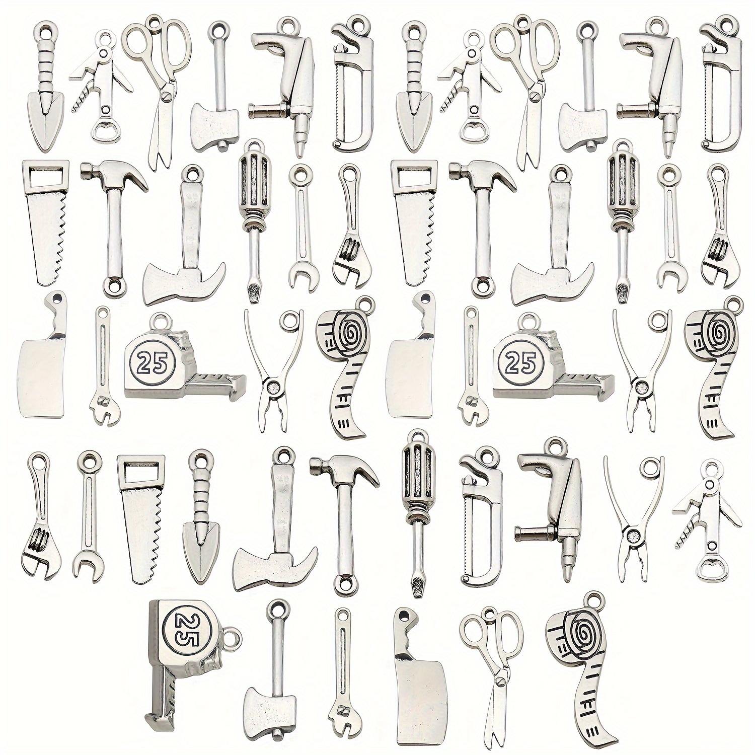 

50pcs Antique Silver Mixed Tool Charms Set, 3d Assorted Diy Craft Pendants For Jewelry Making, Necklace, Bracelet, Keychain Crafting