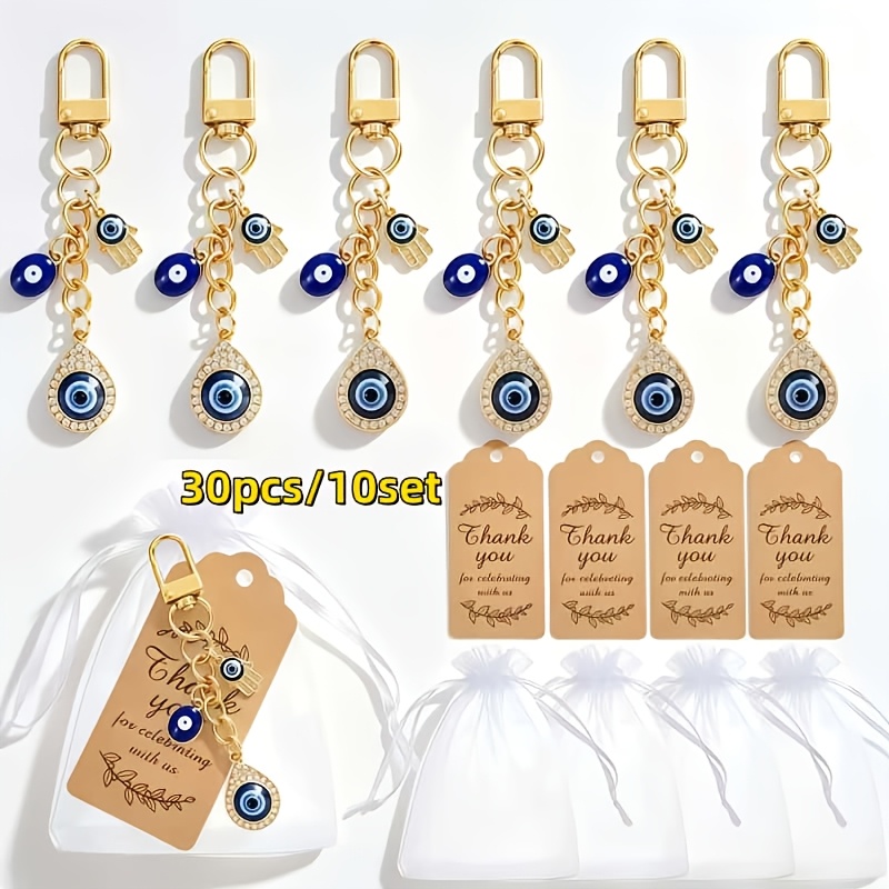 TEMU 30pcs Evil Eye Keychain Set (10pcs Keychains, 10pcs Cardboards, 10pcs Gift Bags) Hand And Heart-shaped Evil Eye Amulets, Enamel Metal Protective