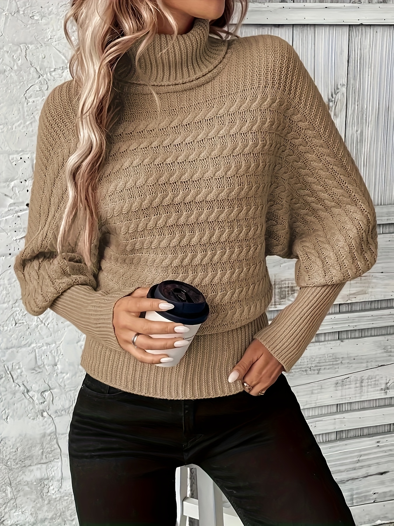 Women's Middle Eastern-Inspired High Neck Turtleneck Sweater Soft Cable-  Pullover, Oatmeal Solid Color, Spring/Fall Layering Essential, Hand Wash/Dr