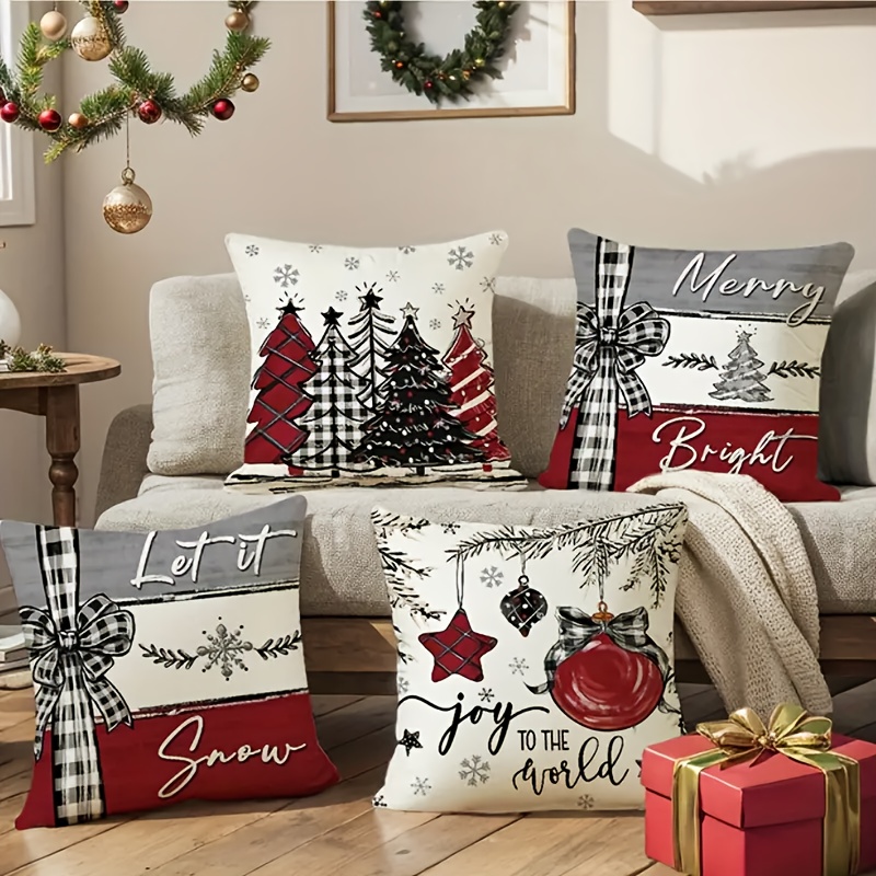 

4pcs Linen Contemporary Christmas Throw Pillow Covers - Cute Christmas Tree Holiday-themed Design, Sofa, Living Room, Bedroom Decor, Christmas Decorations, Home Decor