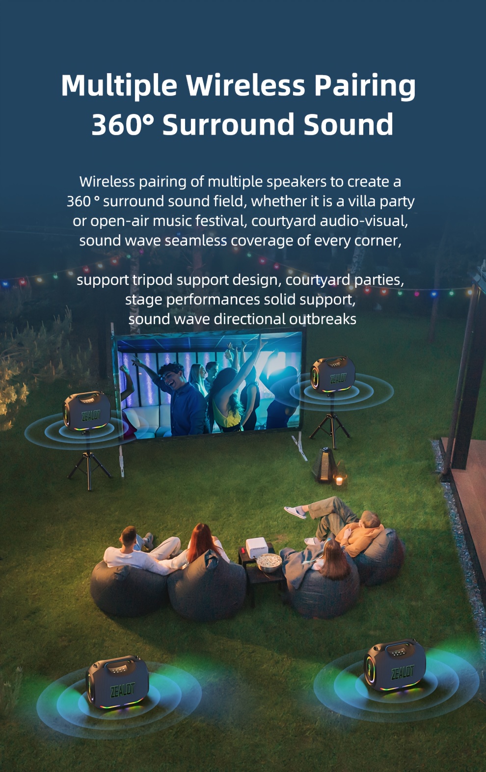   ze21 250w high power wireless speaker portable for outdoor use with 5 speakers built in 48000mah battery rgb color lights compatible with sd usb aux supports two serial speakers hands free calling supports mobile tablet tv computer Product details 7