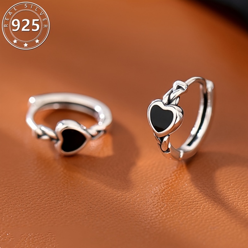 

S925 Sterling Silver Hoop Earrings With Black Heart Design, Elegant Sexy Style For Women Party Earrings Jewelry Valentine's Day Gifts 1.9g/ 0.067oz