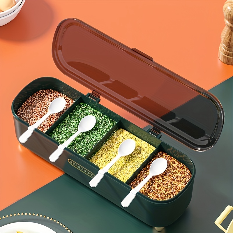 

4-compartment Spice Organizer With Lid & Spoon - Rust-proof Plastic Seasoning Box For Kitchen Storage Spices Organizers And Storage Spices Organizer Rack