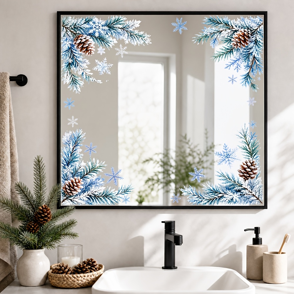 TEMU 1pc Cool- Blue Pine Branch Snowflake Glass Sticker, Square Border Design, Universal For Bathroom Glass Windows, Winter Seasonal Aesthetic