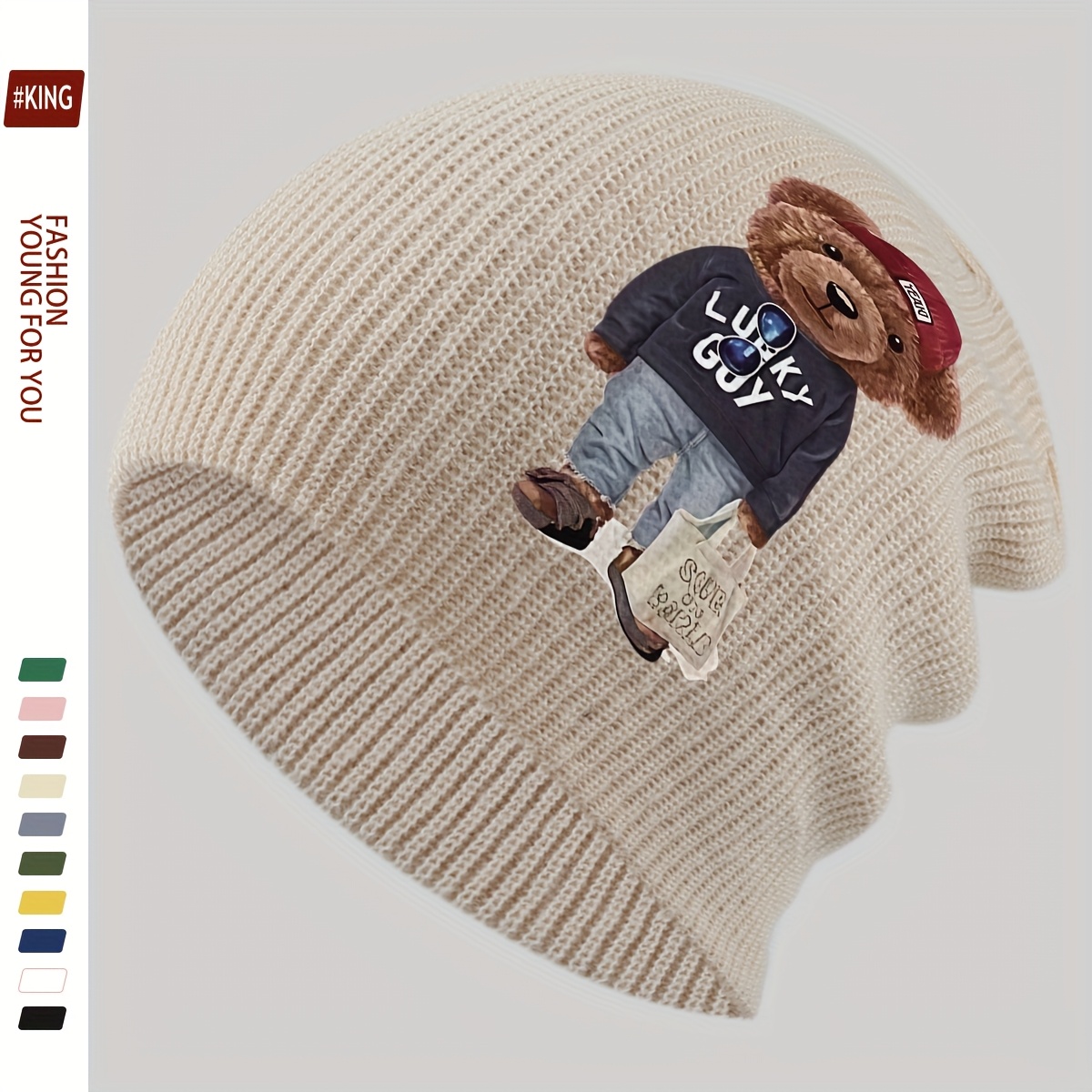 TEMU 1pc Cartoon Red Hat Teddy Bear Print Fashion Beanie Ski Hat, Korean-style Versatile Hat, Soft Warm Stylish Thermal Brimless Skull Cap, Casual