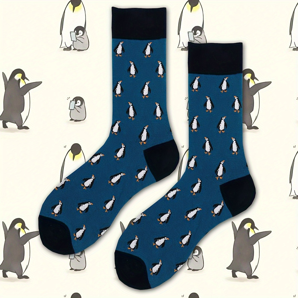 

1 Pair Of Men's Penguin Pattern Mid-calf Socks Cute Penguin Pattern Socks