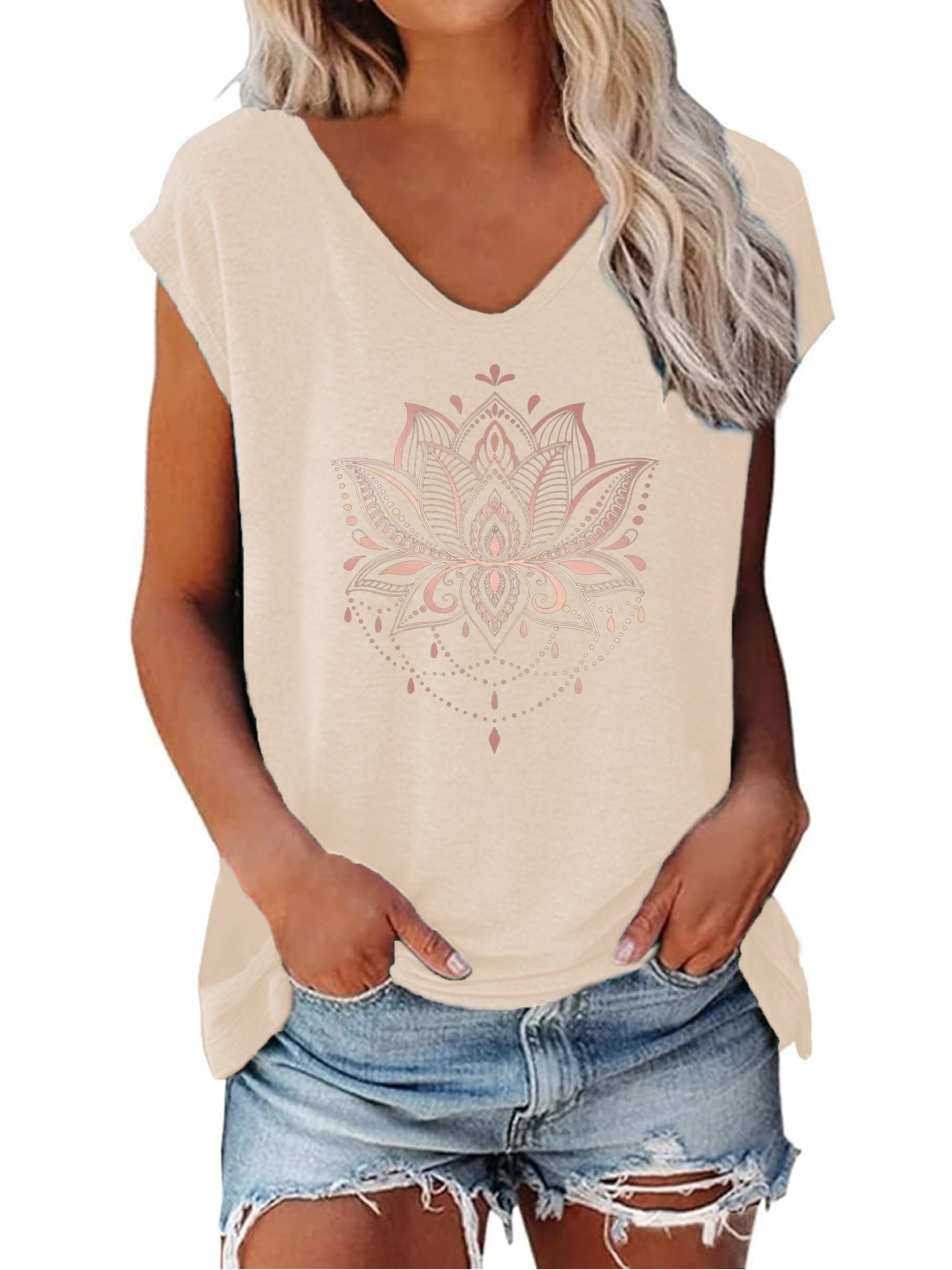 Lotus Print V-neck T-Shirt, Casual Cap Sleeve T-Shirt For Spring & Summer, Women's Clothing