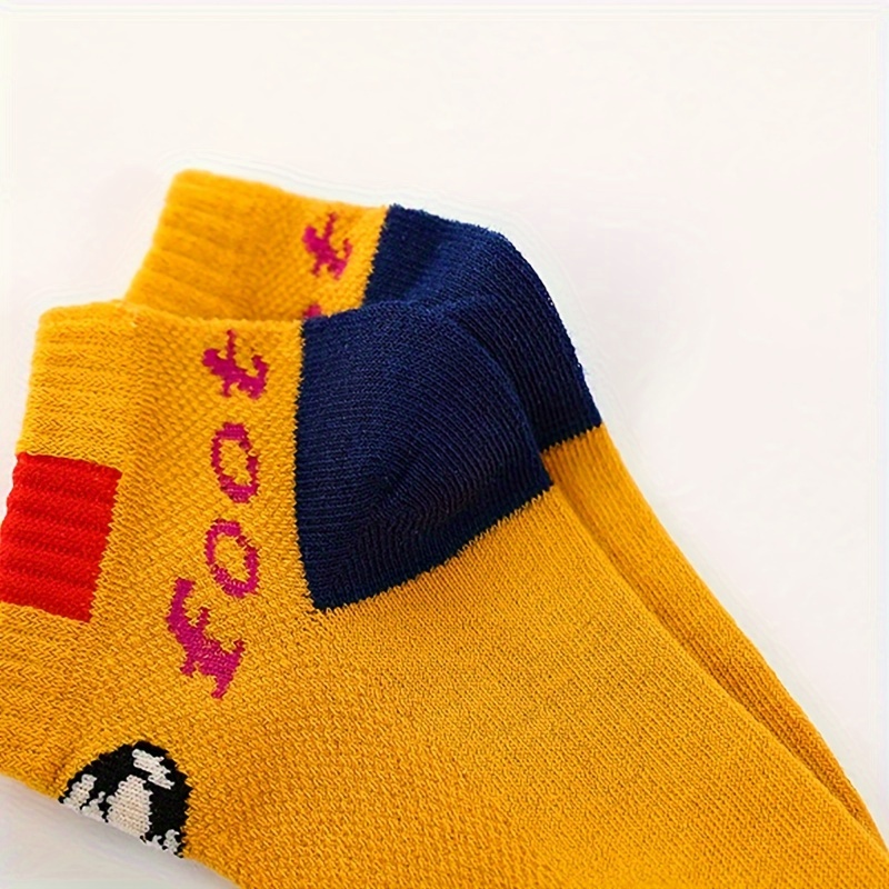 5 Pairs Boys' Soccer Socks - Soft Breathable Ankle Socks with Elastic Ribbed Cuffs, All-Season Comfort for Outdoor Play & Casual Wear, Hand Wash Only, Vibrant Colors (Yellow, Blue, Red, Black, White), Soccer Socks, Kids Sports Footwear, Playful Kids Design, Comfortable Fit