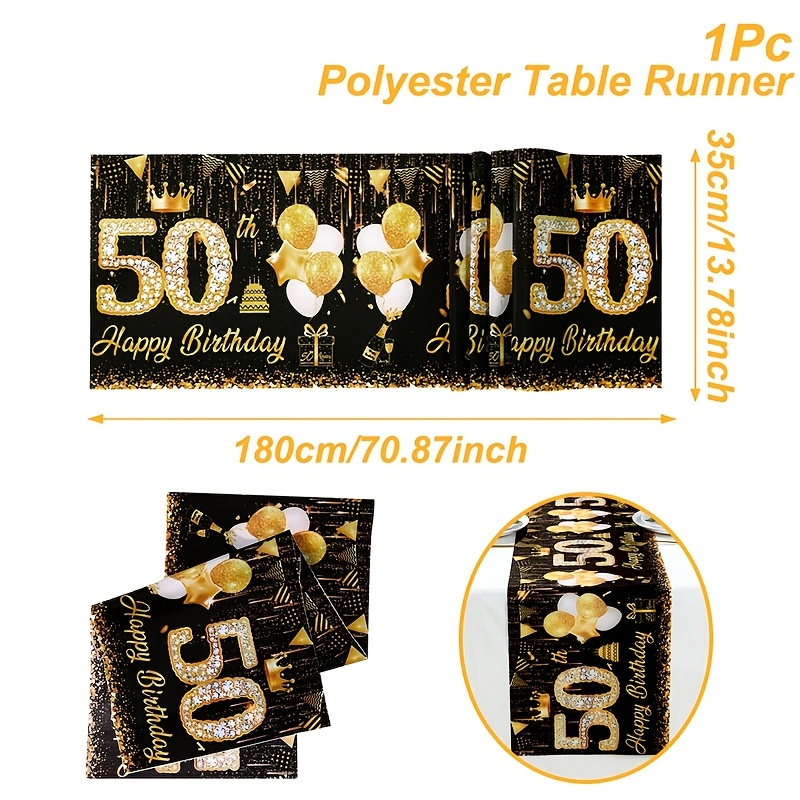 E-shop ., Tischläufer für 50. Geburtstag, 38*180 cm Polyester-Tischflagge, Ballon-Champagnerkrone in Schwarz und Gold für Geburtstagstischläufer, Happy