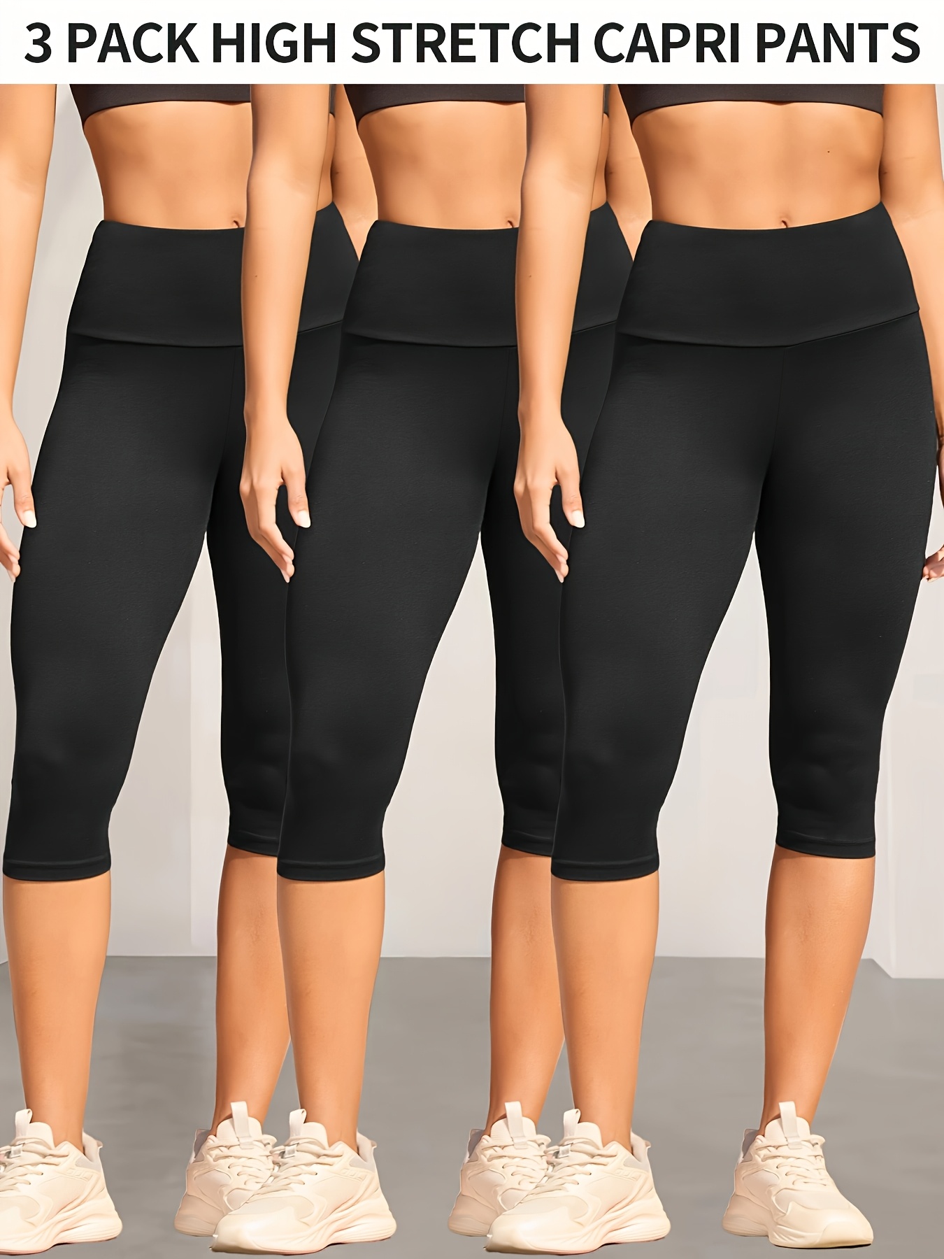 3 pack womens high waisted tummy control yoga capri pants super soft non see through workout leggings high   machine washable solid color for running gym casual wear spring summer fall