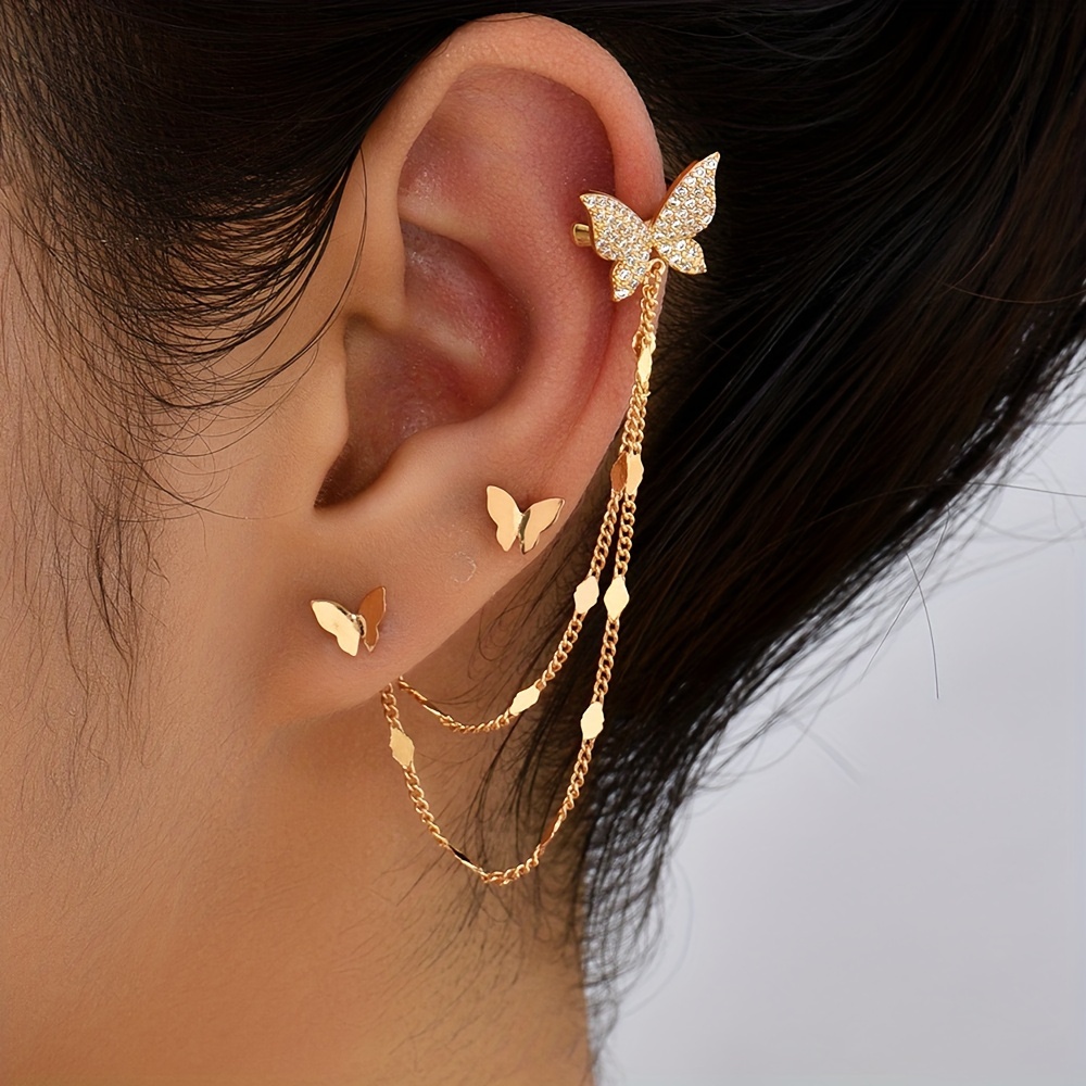 

Set Of Golden Butterfly Design Shiny Zirconia Inlaid Stud Earrings & Ear Wrap Delicate Female Ear Decor