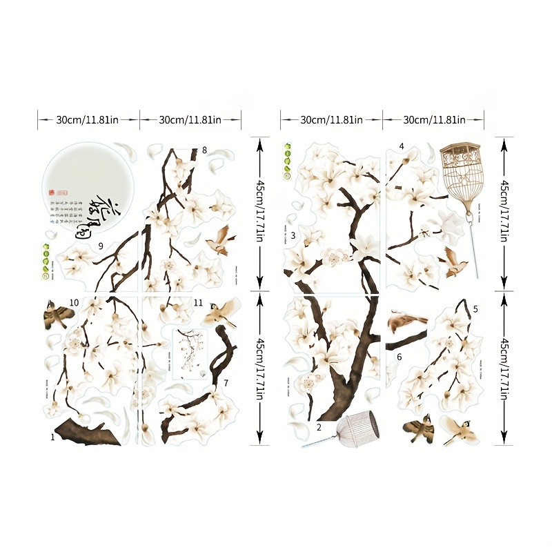 Image of A Set Of Chinese-style Wall Stickers Featuring White Flowers, Black Trees, And , Removable Wall Art Decorations For Office And Home, Suitable For Decorating Walls In Bedrooms And Studies
