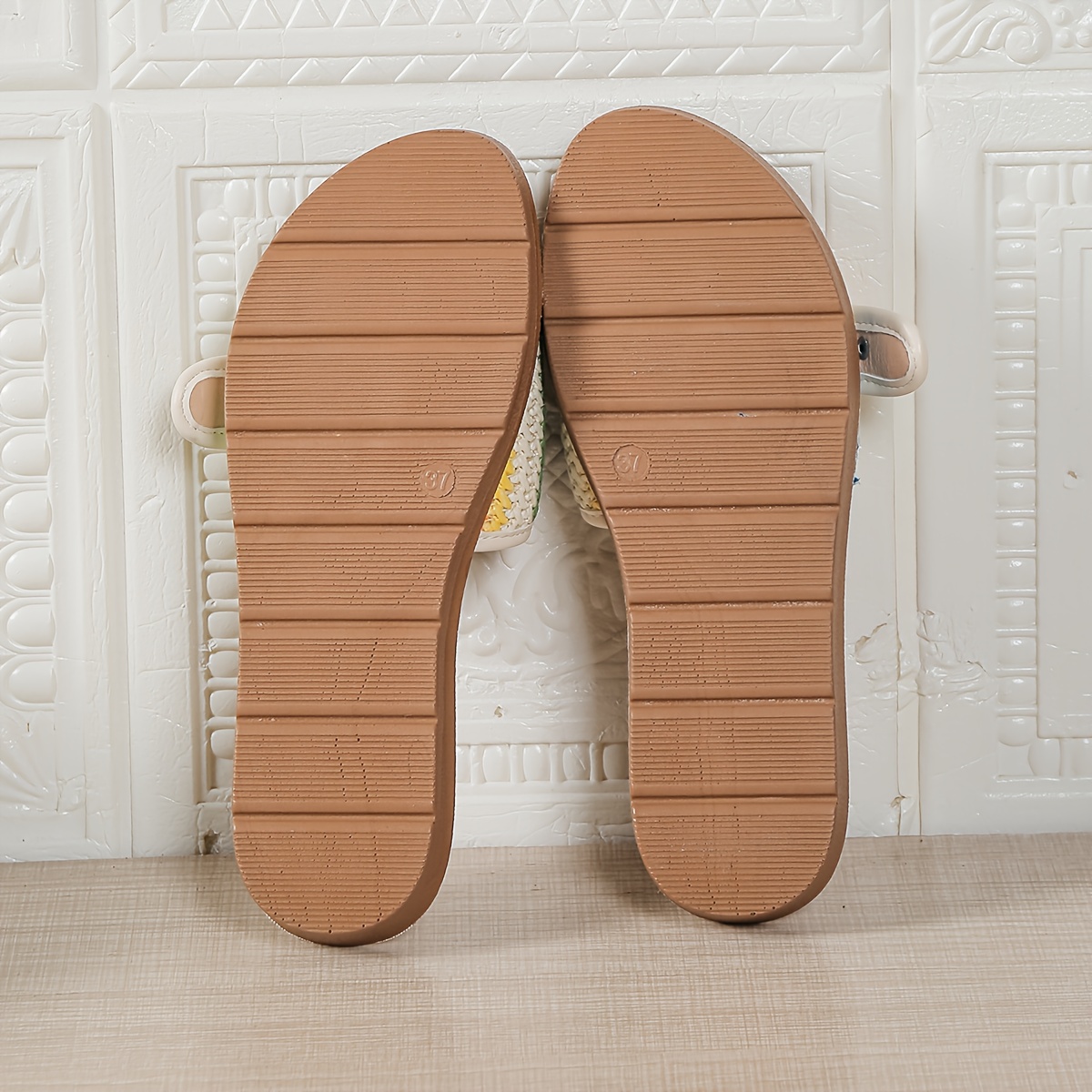 womens summer slip on sandals non slip cushioned insoles breathable open toe flat shoes with pastel colors beige   orange teal purple black white red golden pu sole for beach casual   clean footwear beach essentials woven pattern soft material casual wear Product details 2