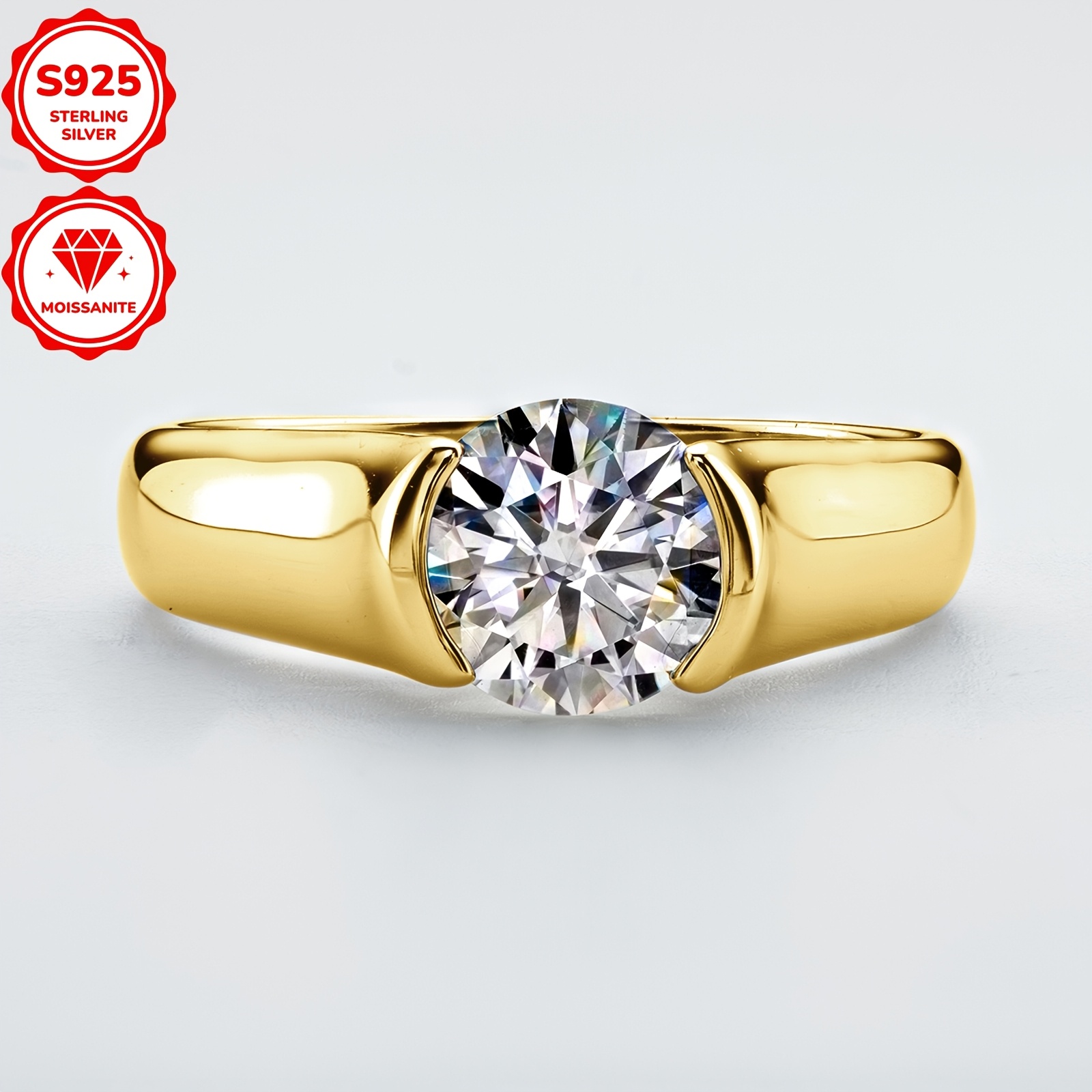 elegant classic 2ct round moissanite engagement ring 925 sterling silver 18k golden plated synthetic april birthstone   setting with for   valentines day gift   jewelry details 13