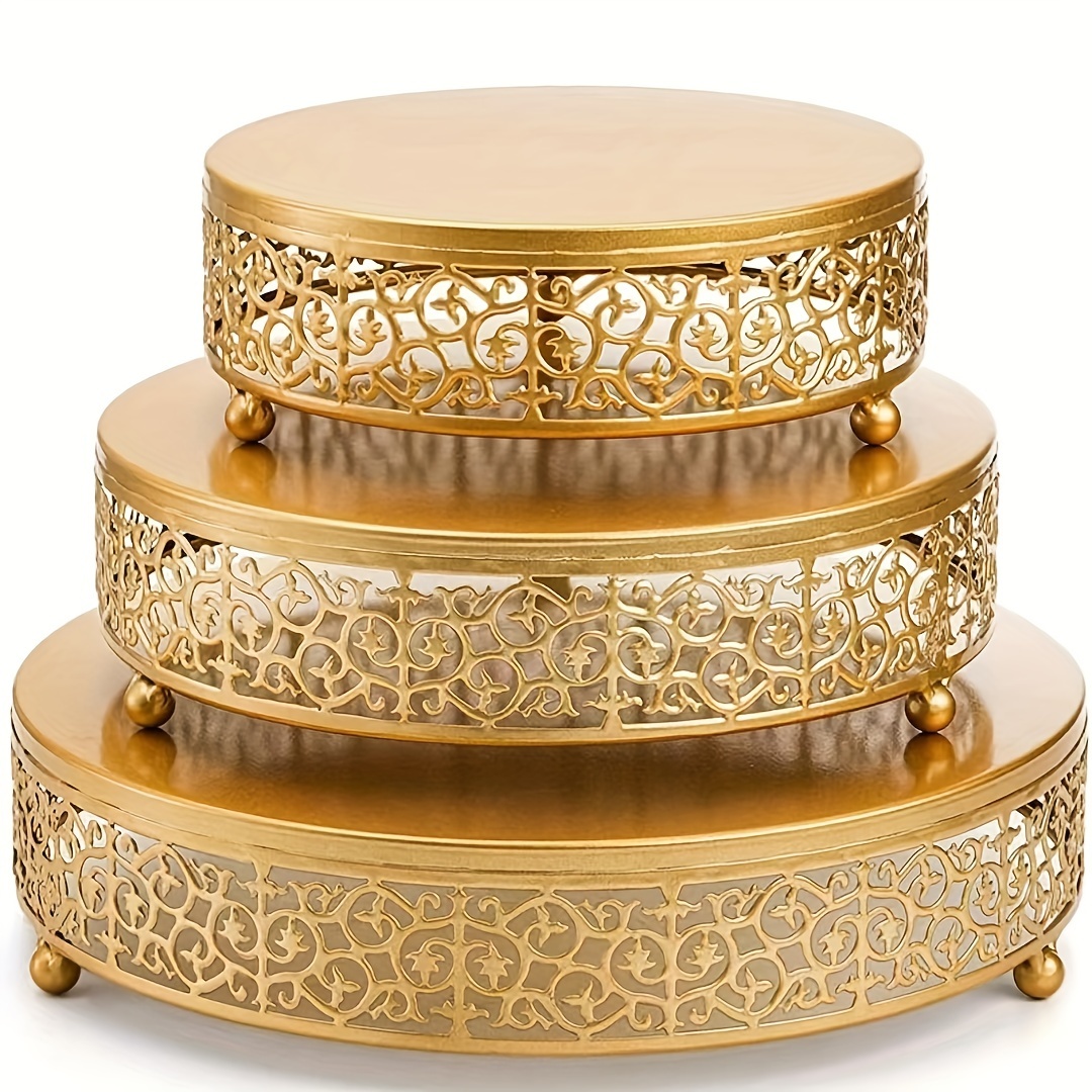 

Elegant Gold Round Cake Stands, 3-piece Set With Lace Design - Perfect For Weddings & Birthdays
