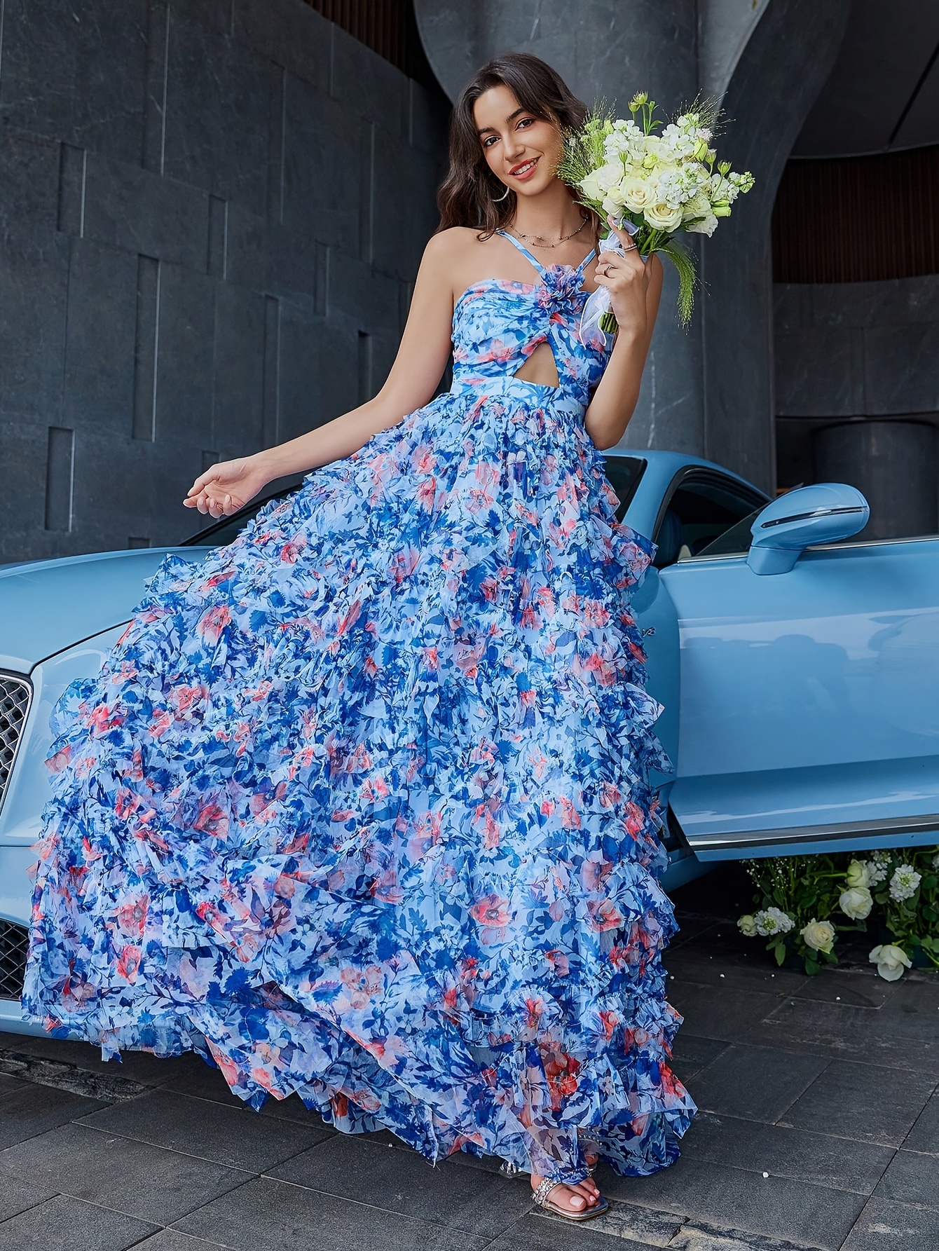 openwork floor length dress High quality long openwork bell sleeve ruffle elegant dress – ETERNA