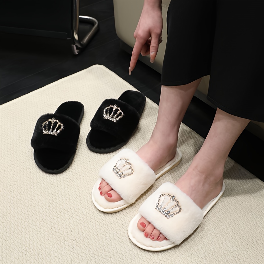 

Fluffy Home Warm Slippers, Rhinestone Crown Embellished Fuzzy Mute Slippers, Indoor Cozy Non-slip Shoes