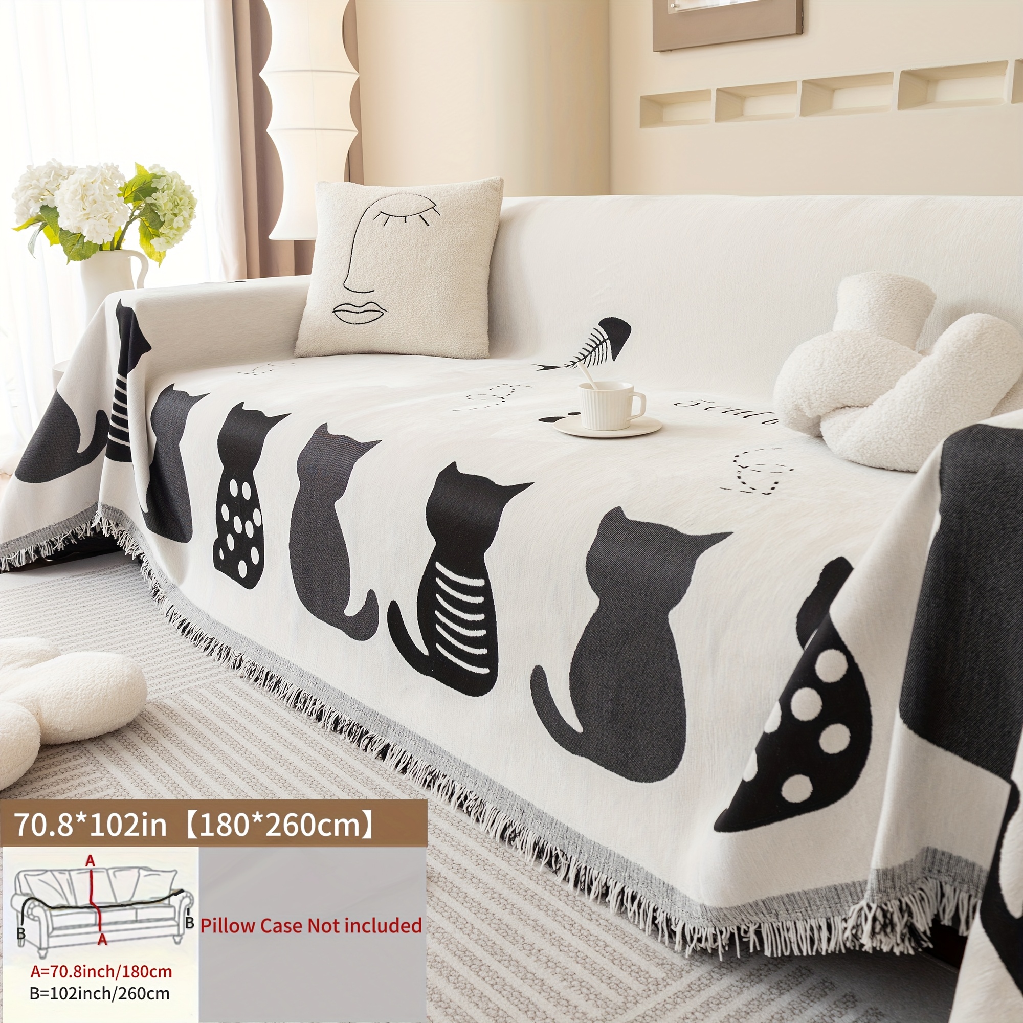 TEMU A Unique Cartoon Cat Chenille Sofa Cover In Bohemian Style With Tassel Design, Machine Washable - A Versatile Sofa Cover Suitable For 1-4 Seat