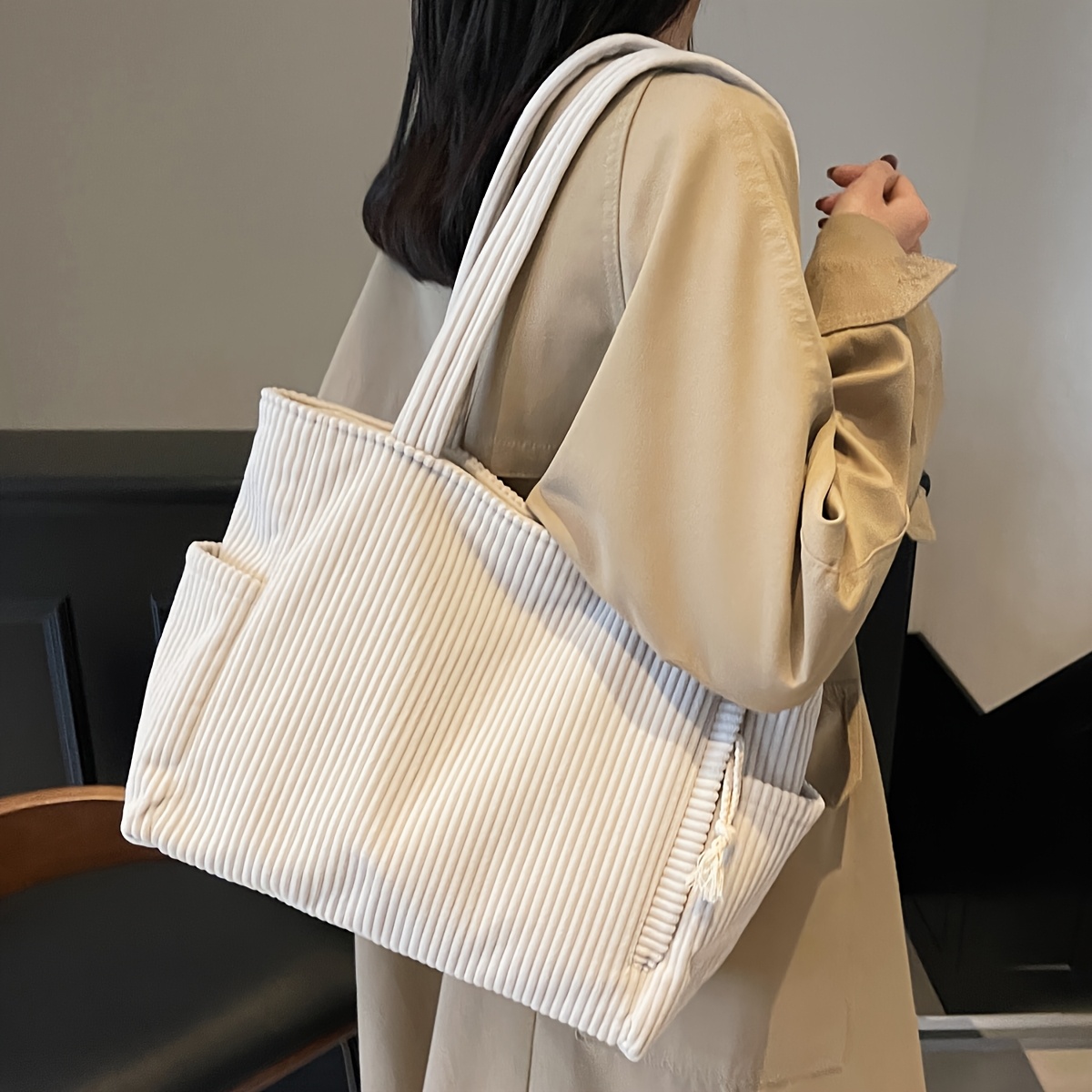 

Women's Casual Corduroy Tote Bag With Fixed Shoulder Straps, Multi-compartment Zipper Closure, Soft Corduroy Fabric, Nylon Lining, For Work, Travel, Daily Use - No Pattern