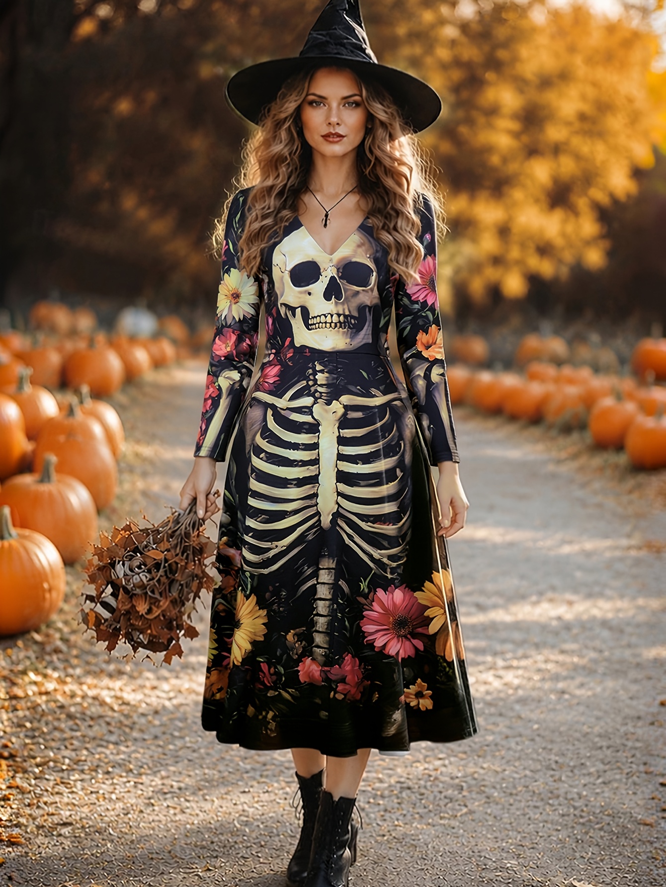 item picture ln2006 halloween autumn new skull print v neck long sleeve   party womens dress
