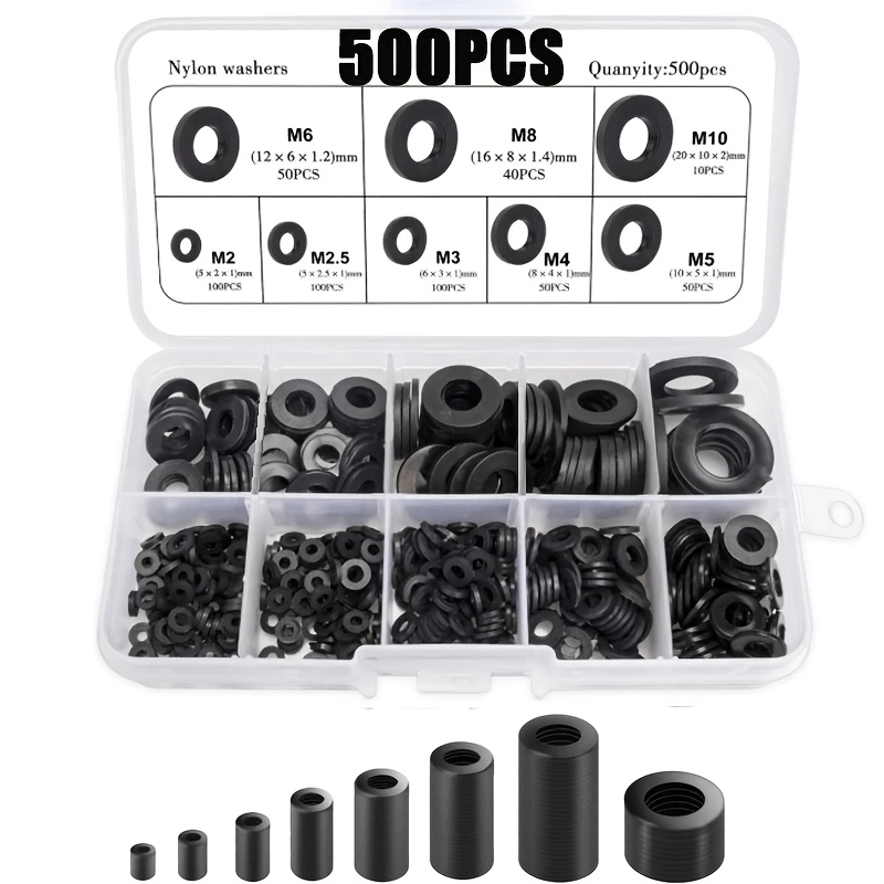 500pcs Nylon Washer Flat Assortment Set With 8-size Safety Plates M2 M2.5 M3 M4 M5 M6 M8 M10 Nylon Sealing Washers