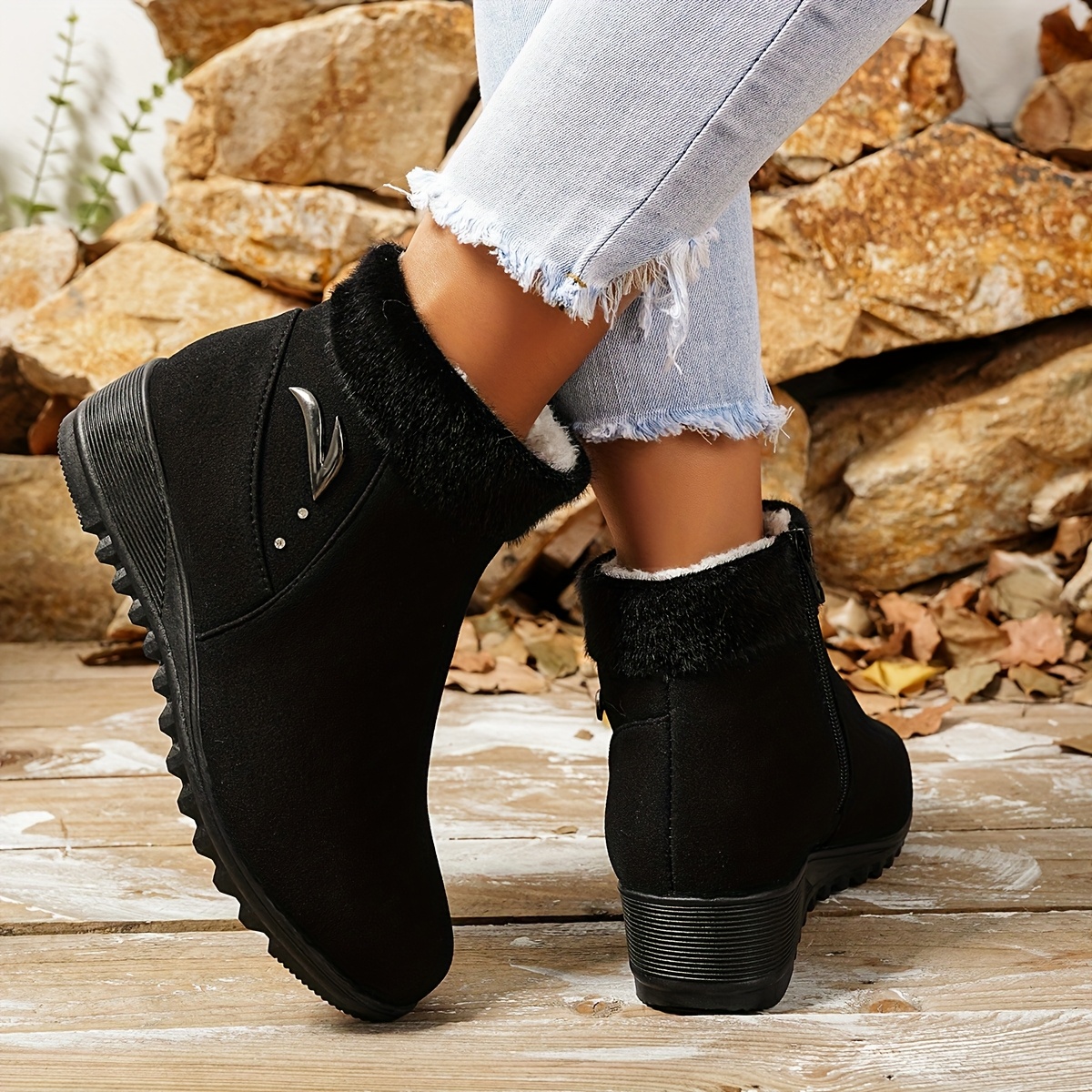a pair of black casual versatile moms faux fur british style 2025 autumn winter boots ins trendy zipper flat short ankle shoes seasonal fashion cold   stylish ankle boots trendy boots cozy footwear soft fabric lining chunky heel boots womens boots winter wardrobe stylish moms 8
