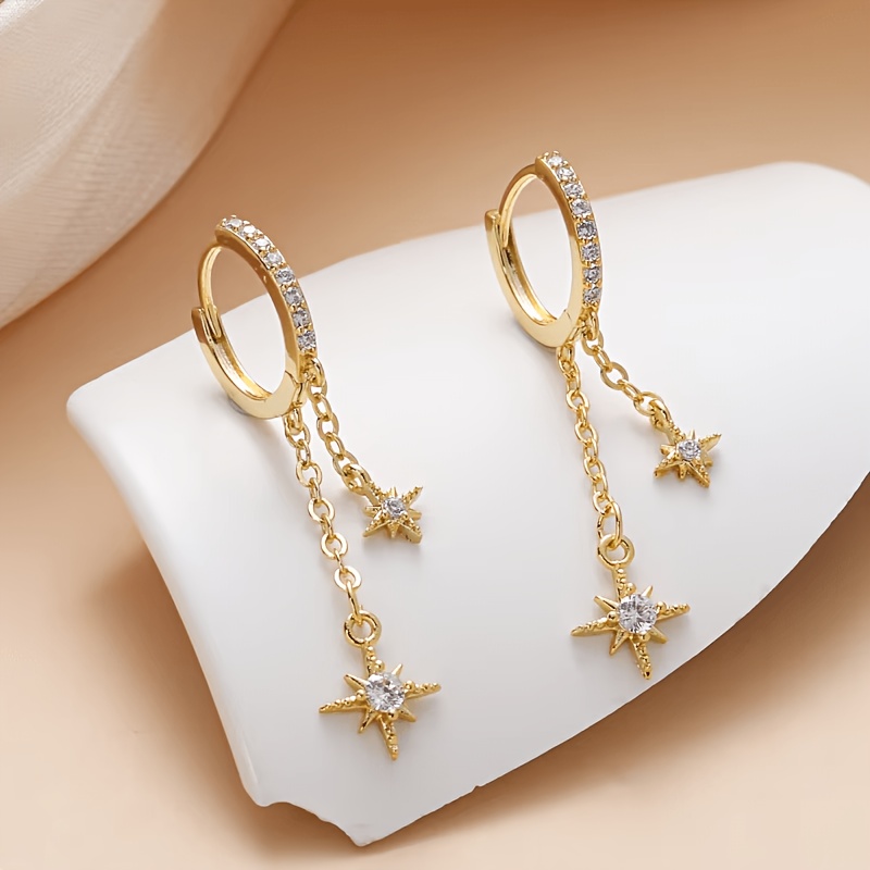 TEMU Pendientes de aro con borla de estrella fácil, dorados/plateados, colgantes largos, joyería para oídos de diaria para mujer