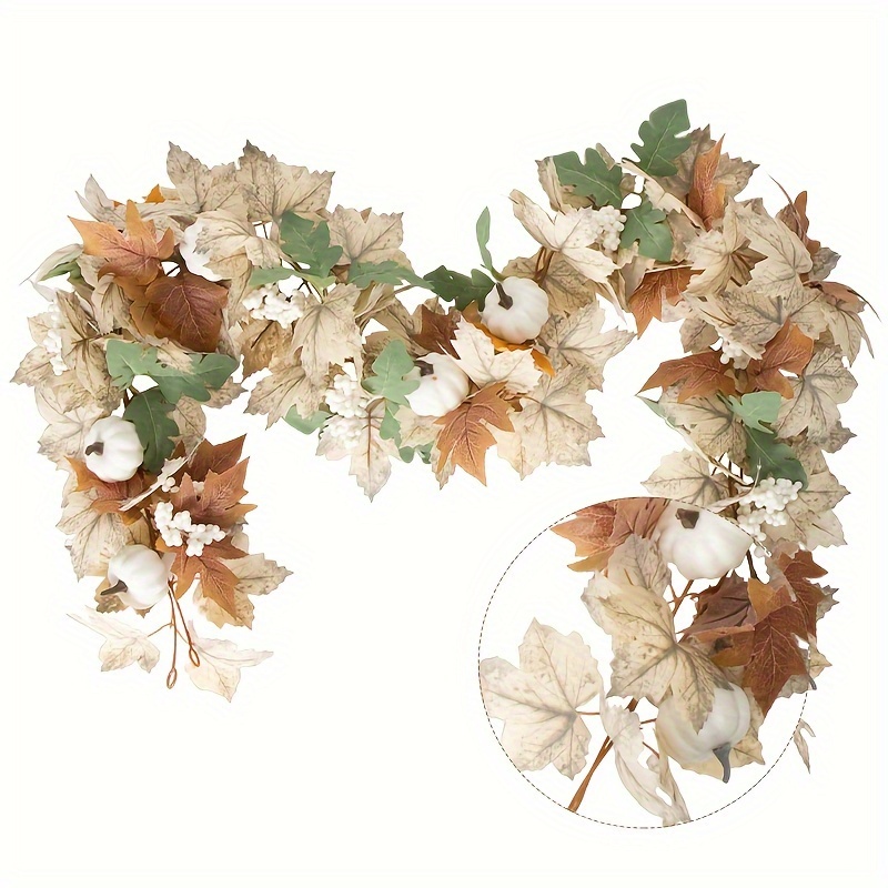 

2pcs Autumn Maple Leaf Garlands With White Pumpkins & Berries - 68.9" Long, Perfect For Thanksgiving & Fall Decorations, Versatile Hanging Vines For Mantles, Windows, Doors