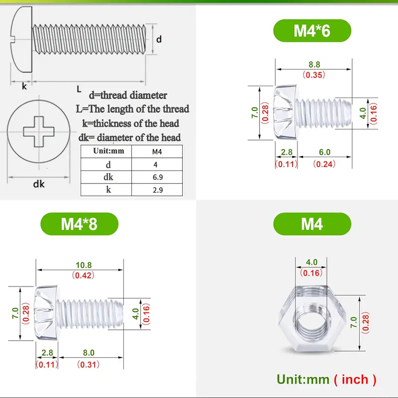 80 парчиња m4*6/8/10/12mm pc транспарентни пластични завртки со кружна глава и шестаголни навртки, отпорни на корозија, за diy, модели и електронски производи Детали за производот 1