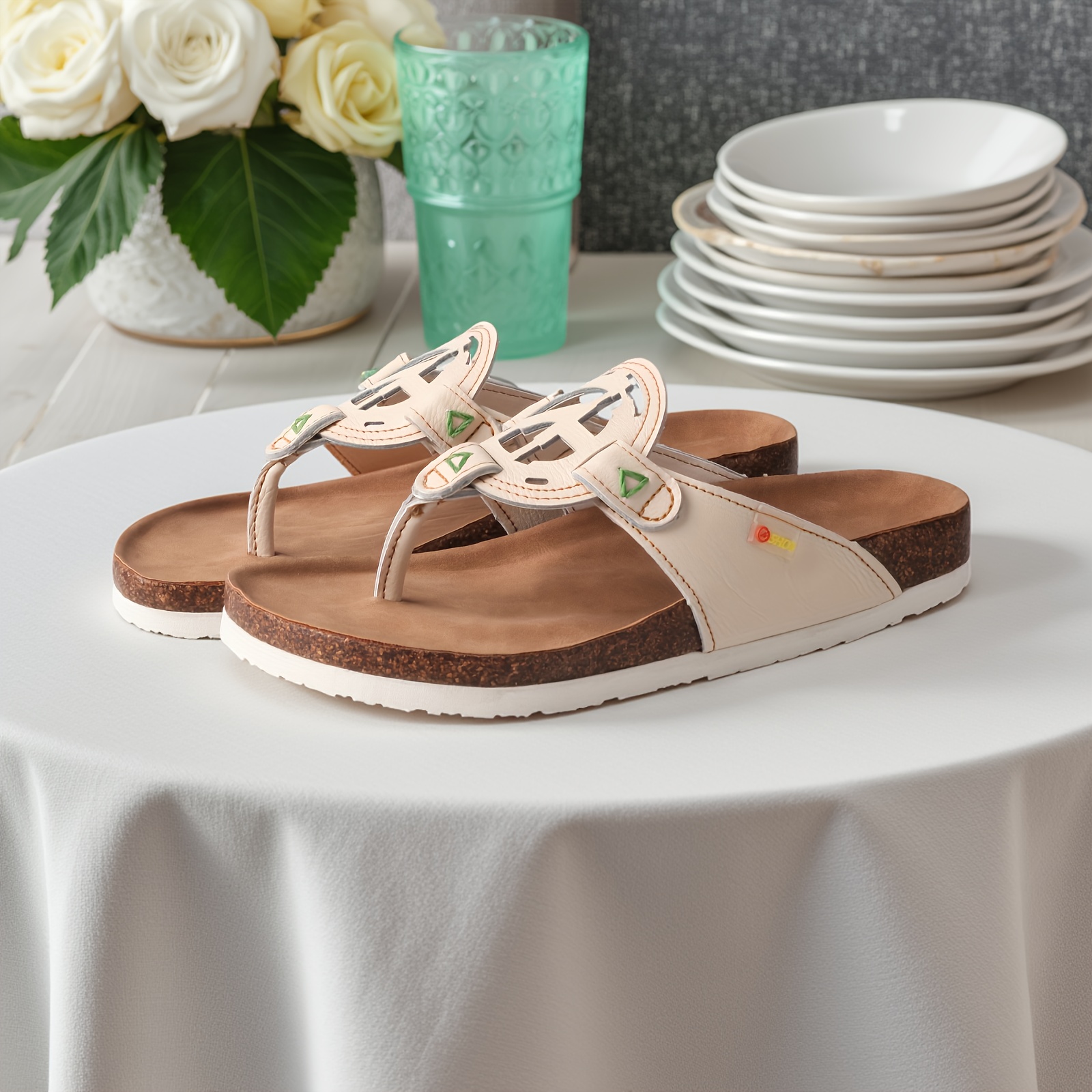   womens summer handcrafted anti slip comfortable casual hollow flip flops genuine leather upper insole eva sole split toe design beige with green stitching ladies sandals Product details 6